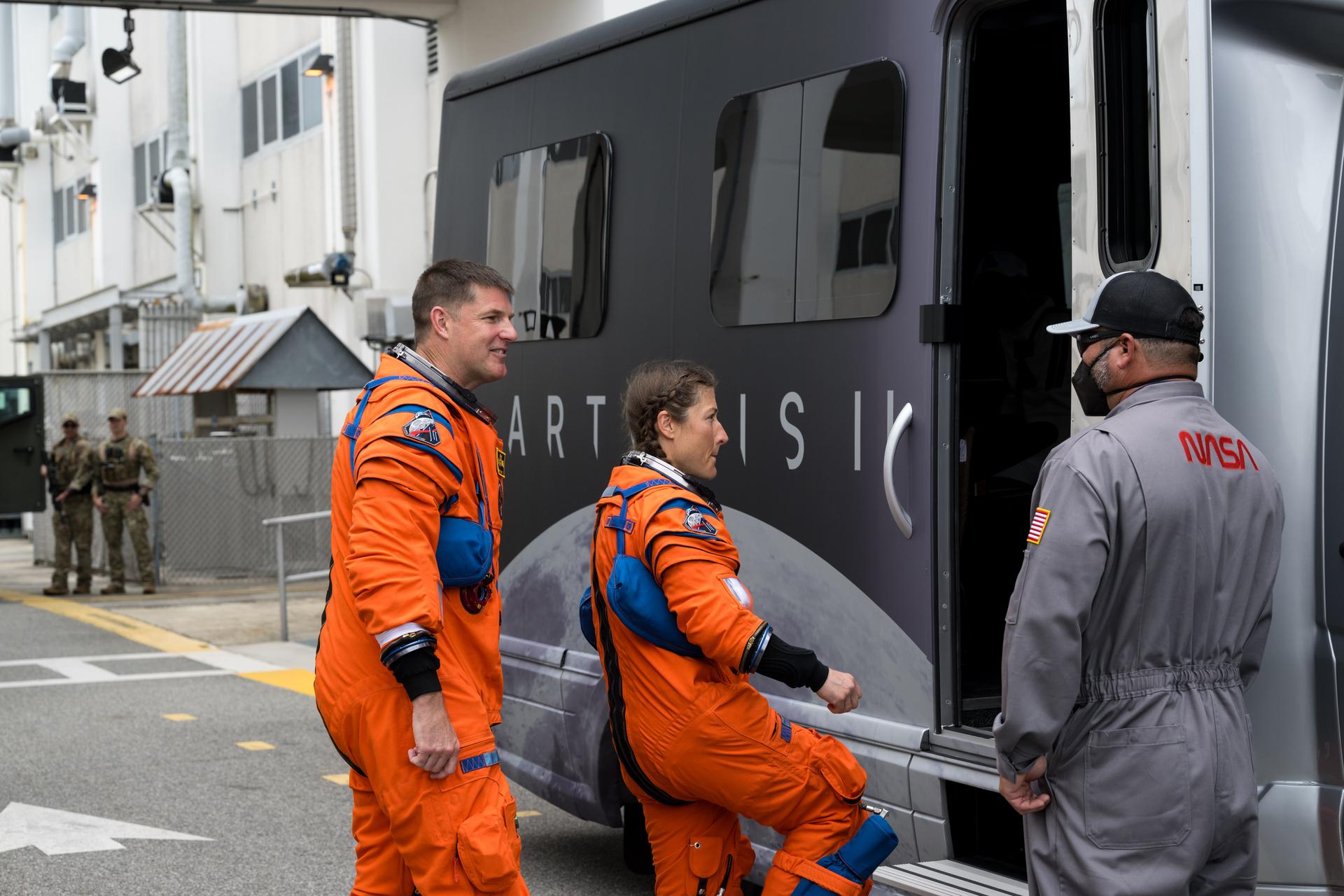 NASA astronauts Reid Wiseman, commander, (not pictured); Victor Glover, pilot (not pictured); Christina Koch, mission specialist; and CSA (Canadian Space Agency) astronaut Jeremy Hansen, mission specialist are seen as they depart the Neil A. Armstrong Operations and Checkout Building to board their Orion spacecraft atop NASA’s Space Launch System (SLS) rocket at Launch Complex 39B, Wednesday, April 1, 2026, at NASA’s Kennedy Space Center in Florida. NASA’s Artemis II mission will take Wiseman, Glover, Koch, and Hansen on a 10-day journey around the Moon and back aboard their Orion spacecraft from Launch Complex 39B,  with a two hour launch window opening at 6:24pm. Photo Credit: (NASA/Aubrey Gemignani)