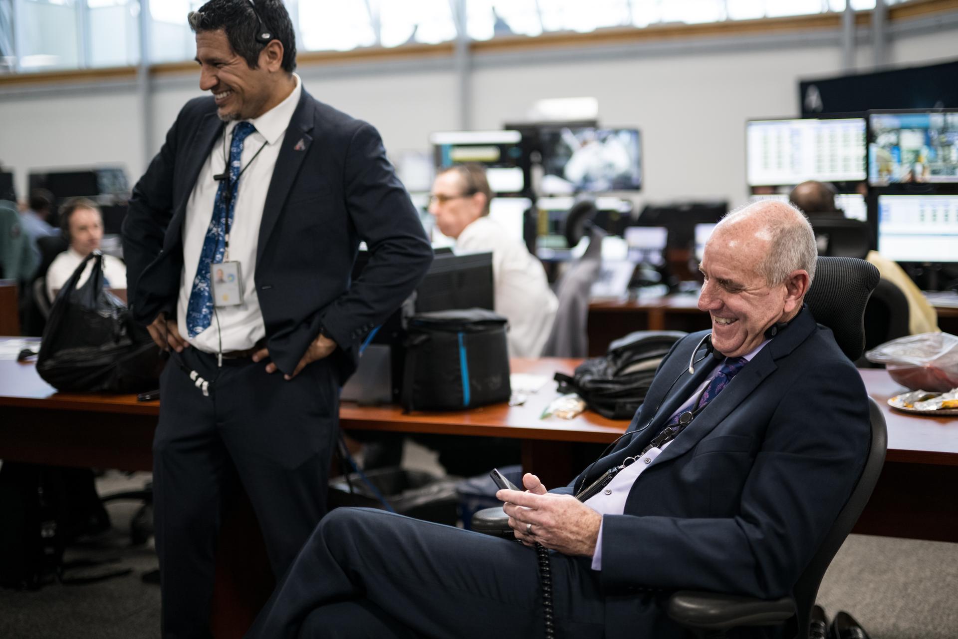 Teams monitor the countdown of the launch of NASA’s Space Launch System (SLS) rocket and Orion spacecraft with NASA astronauts Reid Wiseman, commander; Victor Glover, pilot; Christina Koch, mission specialist; and CSA (Canadian Space Agency) astronaut Jeremy Hansen, mission specialist onboard on the Artemis II mission from Firing Room 2 of the Rocco A. Petrone Launch Control Center, Wednesday, April 1, 2026, at NASA’s Kennedy Space Center in Florida. NASA’s Artemis II mission will take Wiseman, Glover, Koch, and Hansen on a 10-day journey around the Moon and back aboard SLS rocket and Orion spacecraft from Launch Complex 39B. The quartet launched at 6:35pm EDT. Photo Credit: (NASA/Aubrey Gemignani) NOTE - Portions of this image have been blurred for security reasons.