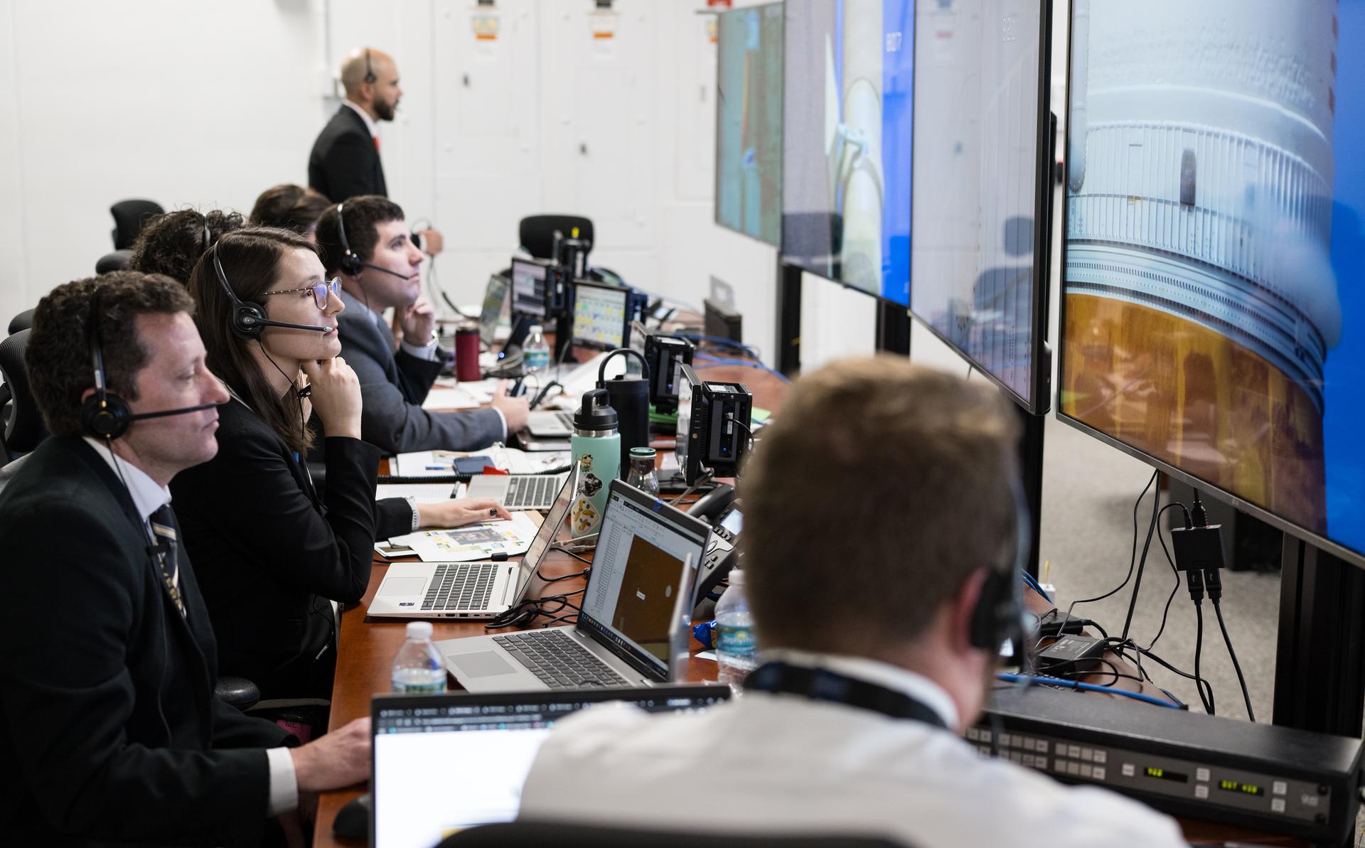 Teams monitor the countdown of the launch of NASA’s Space Launch System (SLS) rocket and Orion spacecraft with NASA astronauts Reid Wiseman, commander; Victor Glover, pilot; Christina Koch, mission specialist; and CSA (Canadian Space Agency) astronaut Jeremy Hansen, mission specialist onboard on the Artemis II mission from Firing Room 2 of the Rocco A. Petrone Launch Control Center, Wednesday, April 1, 2026, at NASA’s Kennedy Space Center in Florida. NASA’s Artemis II mission will take Wiseman, Glover, Koch, and Hansen on a 10-day journey around the Moon and back aboard SLS rocket and Orion spacecraft from Launch Complex 39B. The quartet launched at 6:35pm EDT. Photo Credit: (NASA/Aubrey Gemignani)