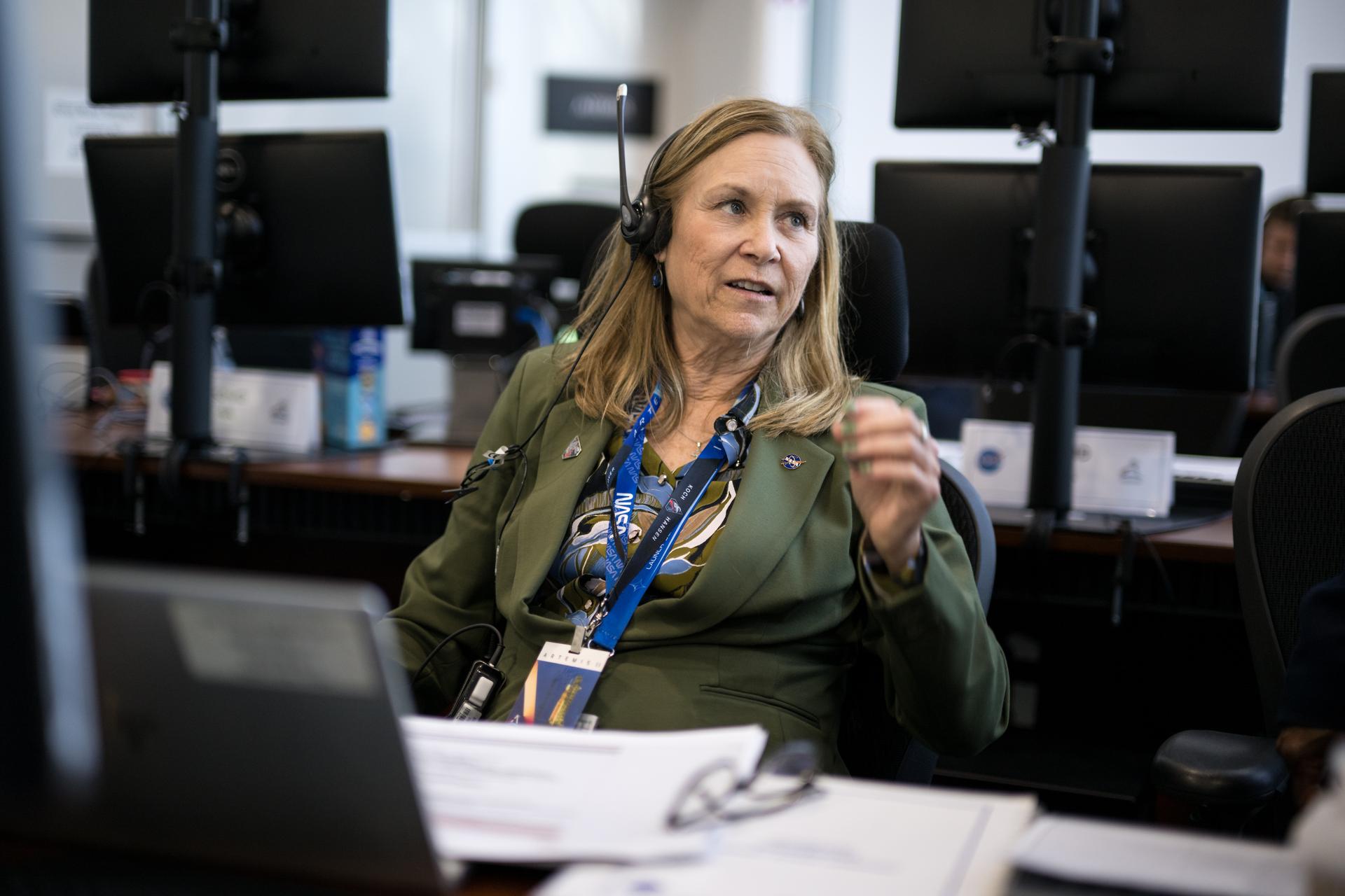 Director of NASA's Kennedy Space Center, Janet Petro, monitors the countdown of the launch of NASA’s Space Launch System (SLS) rocket and Orion spacecraft with NASA astronauts Reid Wiseman, commander; Victor Glover, pilot; Christina Koch, mission specialist; and CSA (Canadian Space Agency) astronaut Jeremy Hansen, mission specialist onboard on the Artemis II mission from Firing Room 2 of the Rocco A. Petrone Launch Control Center, Wednesday, April 1, 2026, at NASA’s Kennedy Space Center in Florida. NASA’s Artemis II mission will take Wiseman, Glover, Koch, and Hansen on a 10-day journey around the Moon and back aboard SLS rocket and Orion spacecraft from Launch Complex 39B. The quartet launched at 6:35pm EDT. Photo Credit: (NASA/Aubrey Gemignani)