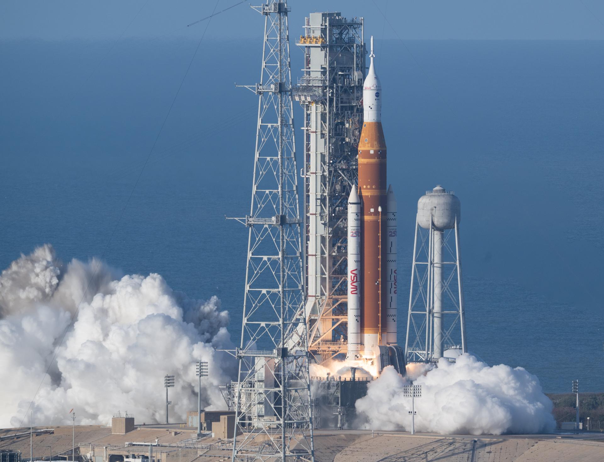 NASA’s Space Launch System rocket carrying the Orion spacecraft with NASA astronauts Reid Wiseman, commander; Victor Glover, pilot; Christina Koch, mission specialist; and CSA (Canadian Space Agency) astronaut Jeremy Hansen, mission specialist onboard launches on the Artemis II mission, Wednesday, April 1, 2026, from Launch Complex 39B at NASA’s Kennedy Space Center in Florida. NASA’s Artemis II mission will take Wiseman, Glover, Koch, and Hansen on a 10-day journey around the Moon and back aboard their Orion spacecraft. The quartet launched at 6:35 p.m. EDT, from Launch Complex 39B at the Kennedy Space Center. Photo Credit: (NASA/Joel Kowsky)