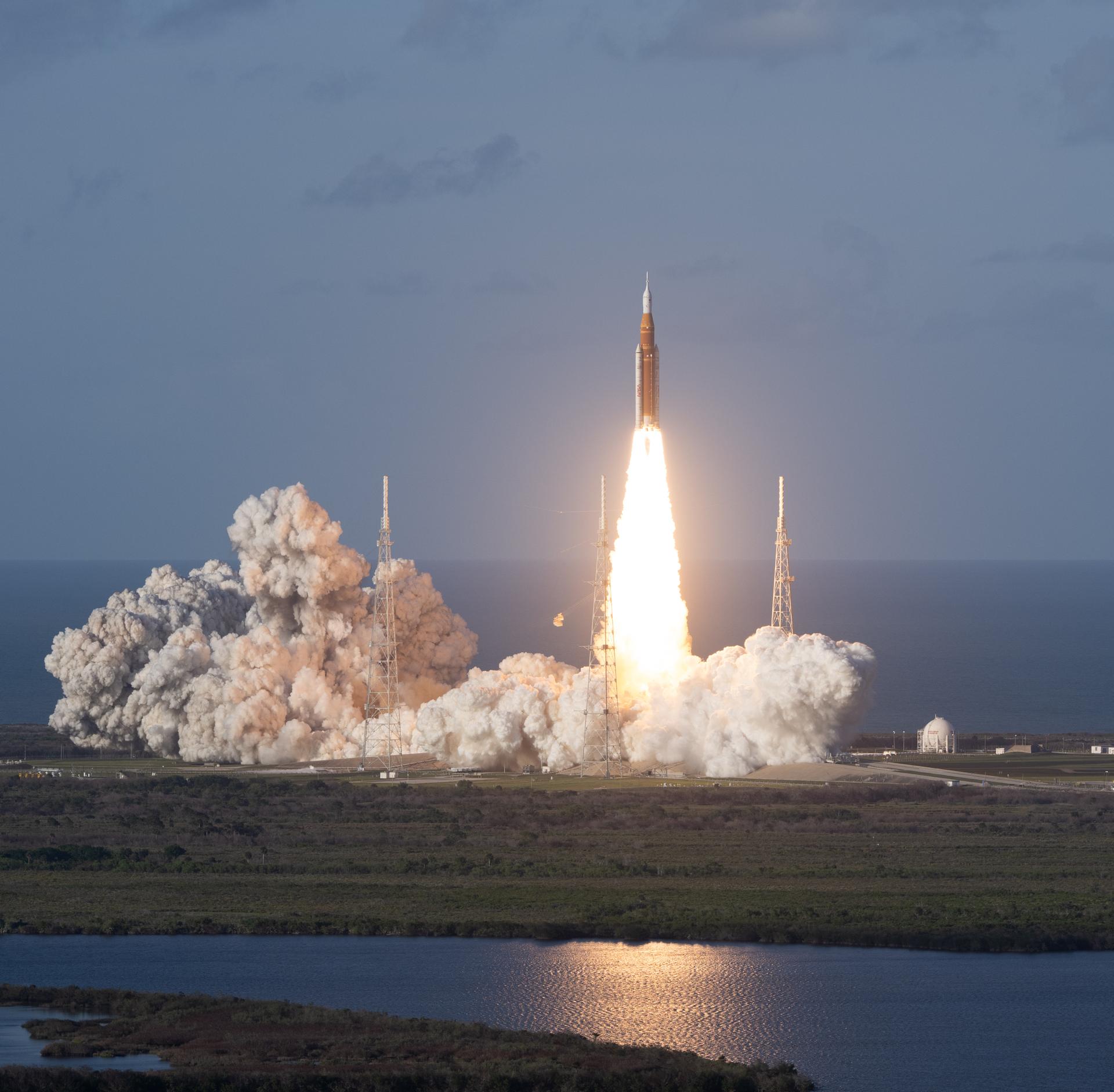 NASA’s Space Launch System rocket carrying the Orion spacecraft with NASA astronauts Reid Wiseman, commander; Victor Glover, pilot; Christina Koch, mission specialist; and CSA (Canadian Space Agency) astronaut Jeremy Hansen, mission specialist onboard launches on the Artemis II mission, Wednesday, April 1, 2026, from Launch Complex 39B at NASA’s Kennedy Space Center in Florida. NASA’s Artemis II mission will take Wiseman, Glover, Koch, and Hansen on a 10-day journey around the Moon and back aboard their Orion spacecraft. The quartet launched at 6:35 p.m. EDT, from Launch Complex 39B at the Kennedy Space Center. Photo Credit: (NASA/Joel Kowsky)