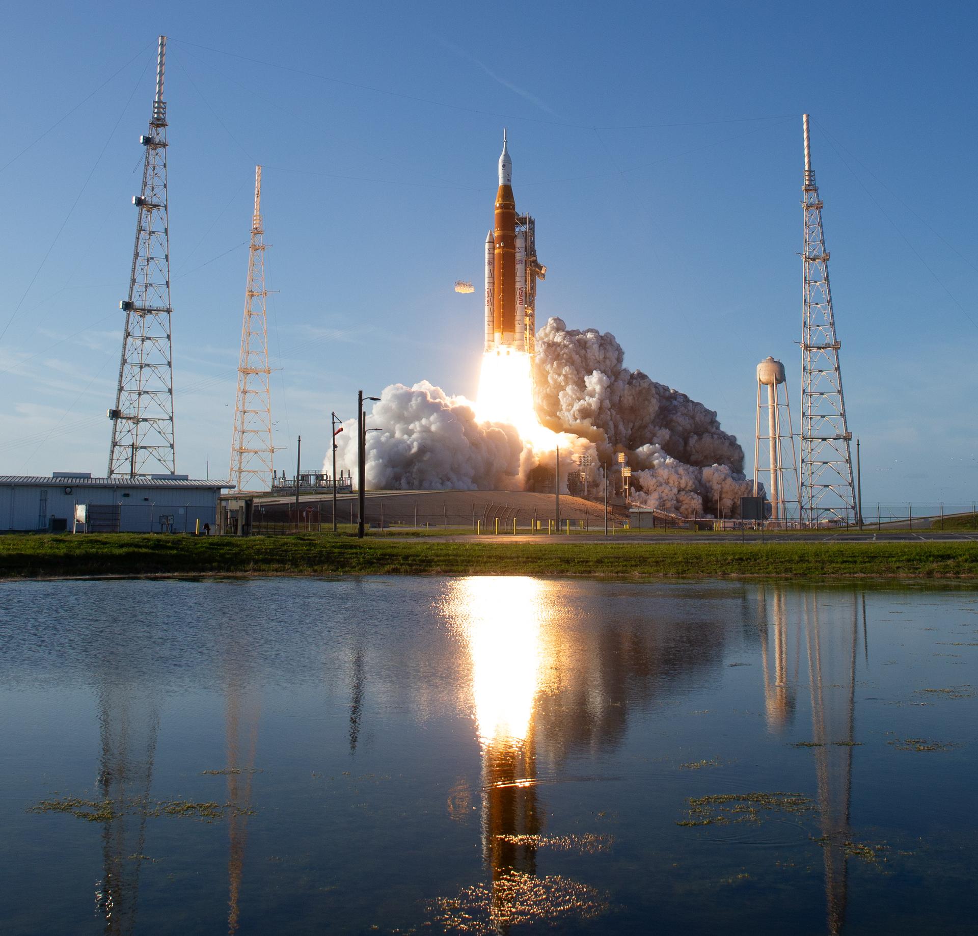 NASA’s Space Launch System rocket carrying the Orion spacecraft with NASA astronauts Reid Wiseman, commander; Victor Glover, pilot; Christina Koch, mission specialist; and CSA (Canadian Space Agency) astronaut Jeremy Hansen, mission specialist onboard launches on the Artemis II mission, Wednesday, April 1, 2026, from Launch Complex 39B at NASA’s Kennedy Space Center in Florida. NASA’s Artemis II mission will take Wiseman, Glover, Koch, and Hansen on a 10-day journey around the Moon and back aboard their Orion spacecraft. The quartet launched at 6:35 p.m. EDT, from Launch Complex 39B at the Kennedy Space Center. Photo Credit: (NASA/Bill Ingalls)