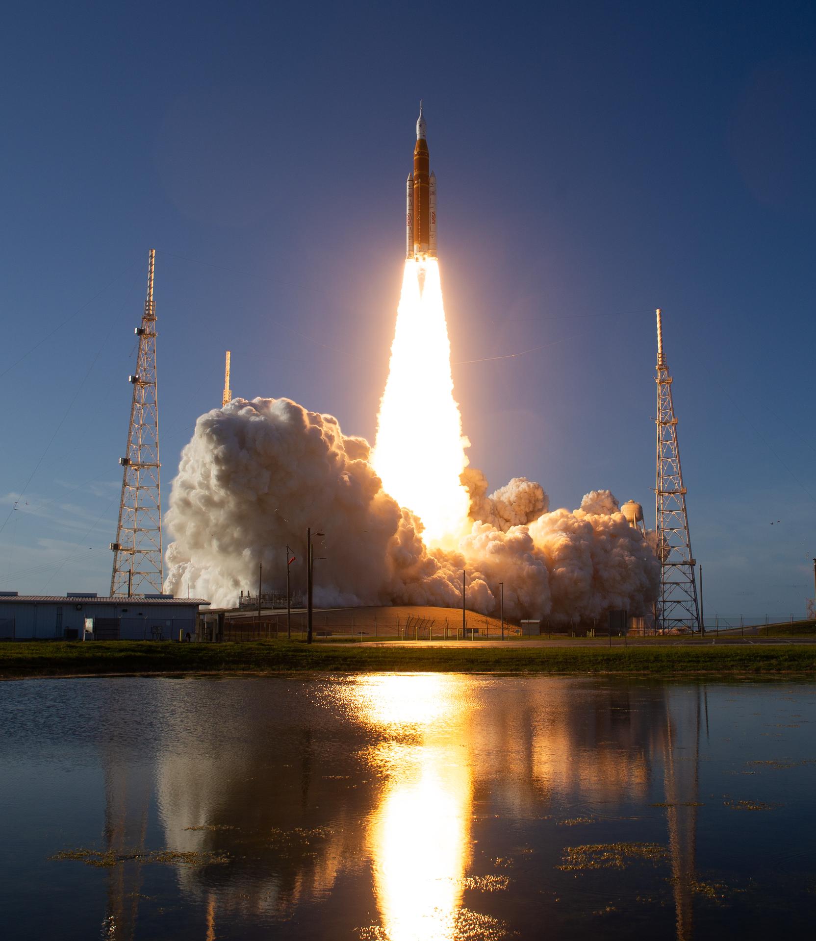 NASA’s Space Launch System rocket carrying the Orion spacecraft with NASA astronauts Reid Wiseman, commander; Victor Glover, pilot; Christina Koch, mission specialist; and CSA (Canadian Space Agency) astronaut Jeremy Hansen, mission specialist onboard launches on the Artemis II mission, Wednesday, April 1, 2026, from Launch Complex 39B at NASA’s Kennedy Space Center in Florida. NASA’s Artemis II mission will take Wiseman, Glover, Koch, and Hansen on a 10-day journey around the Moon and back aboard their Orion spacecraft. The quartet launched at 6:35 p.m. EDT, from Launch Complex 39B at the Kennedy Space Center. Photo Credit: (NASA/Bill Ingalls)