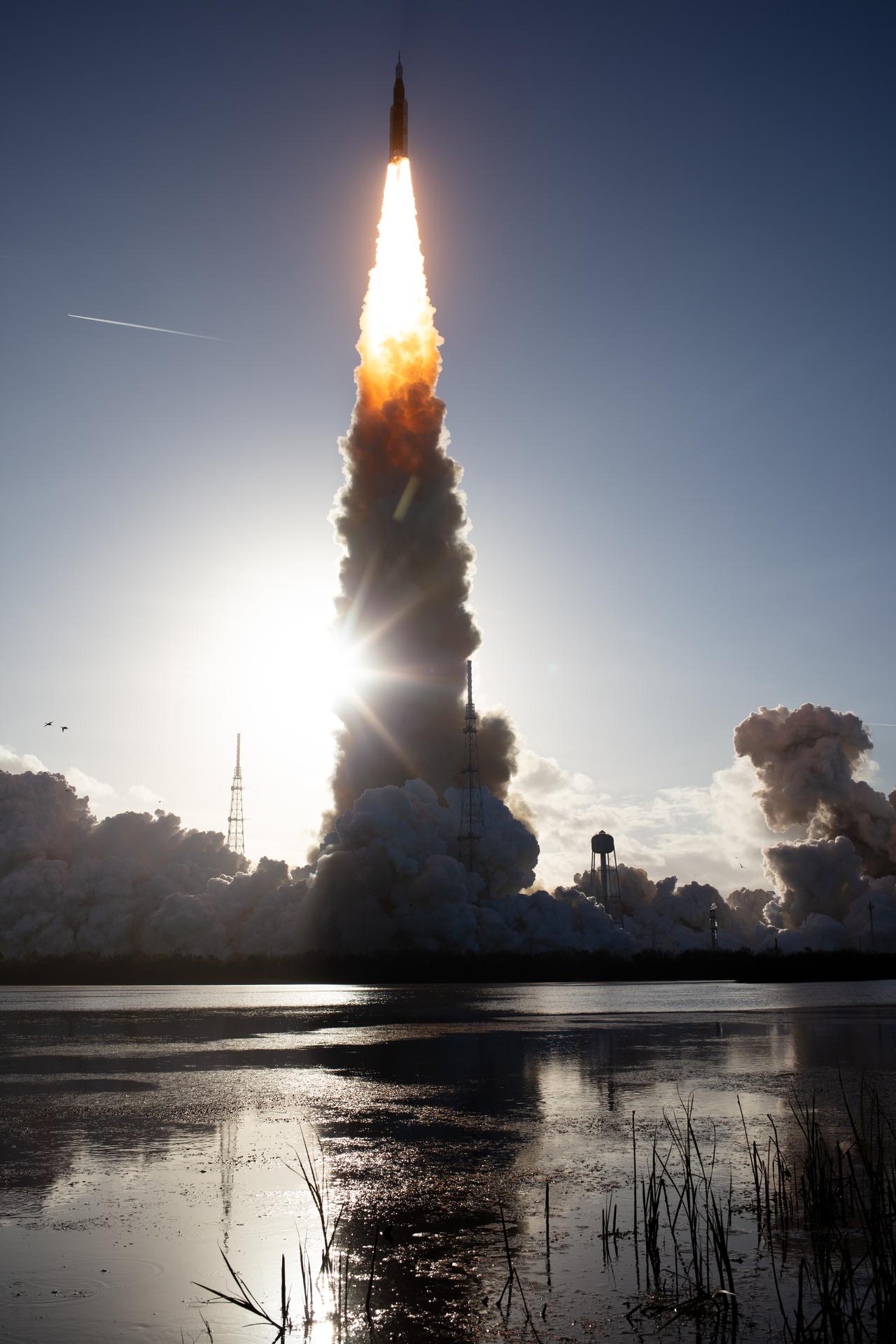 NASA’s Space Launch System rocket carrying the Orion spacecraft with NASA astronauts Reid Wiseman, commander; Victor Glover, pilot; Christina Koch, mission specialist; and CSA (Canadian Space Agency) astronaut Jeremy Hansen, mission specialist onboard launches on the Artemis II mission, Wednesday, April 1, 2026, from Launch Complex 39B at NASA’s Kennedy Space Center in Florida. NASA’s Artemis II mission will take Wiseman, Glover, Koch, and Hansen on a 10-day journey around the Moon and back aboard their Orion spacecraft. The quartet launched at 6:35 p.m. EDT, from Launch Complex 39B at the Kennedy Space Center. Photo Credit: (NASA/Joel Kowsky)