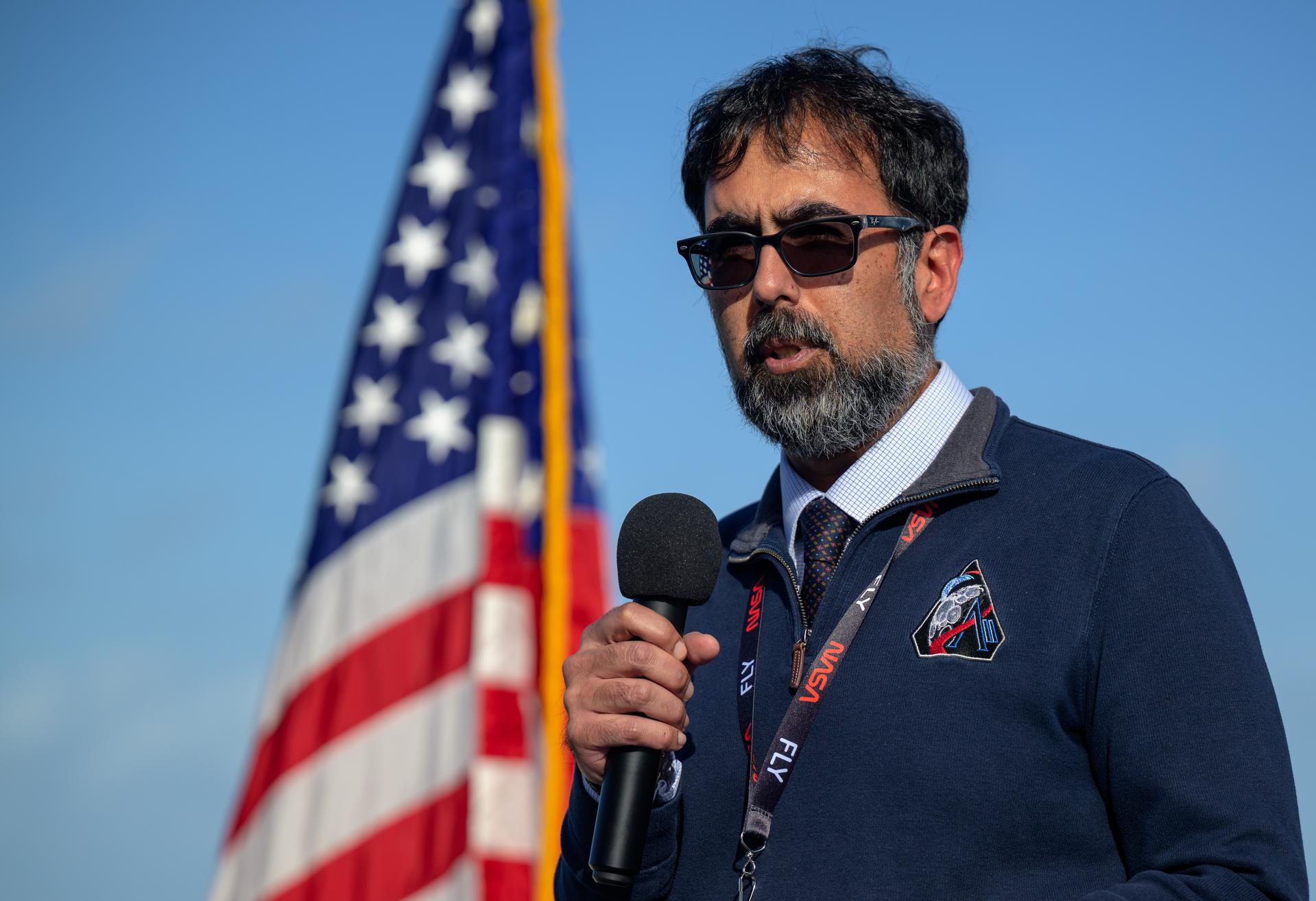 Amit Kshatriya, NASA Associate Administrator gives remarks to guest ahead of the launch of NASA’s Space Launch System rocket carrying the Orion spacecraft with NASA astronauts Reid Wiseman, commander; Victor Glover, pilot; Christina Koch, mission specialist; and CSA (Canadian Space Agency) astronaut Jeremy Hansen, mission specialist on NASA’s Artemis II mission, Wednesday, April 1, 2026, from Operations and Support Building II at NASA’s Kennedy Space Center in Florida. NASA’s Artemis II mission will take Wiseman, Glover, Koch, and Hansen on a 10-day journey around the Moon and back aboard SLS rocket and Orion spacecraft which launched at 6:35pm EDT from Launch Complex 39B. Photo Credit: (NASA/Bill Ingalls)