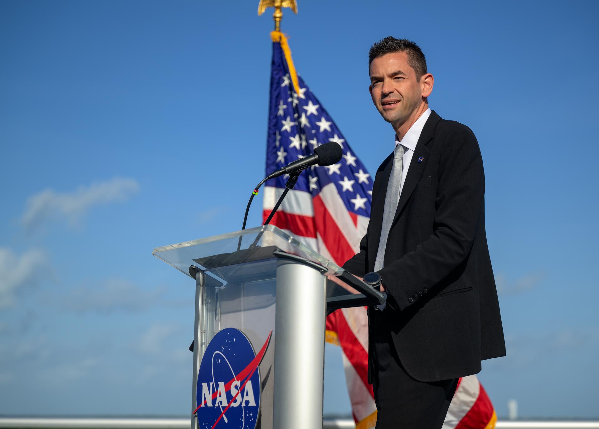 NASA Administrator Jared Isaacman gives remarks to guest ahead of the launch of NASA’s Space Launch System rocket carrying the Orion spacecraft with NASA astronauts Reid Wiseman, commander; Victor Glover, pilot; Christina Koch, mission specialist; and CSA (Canadian Space Agency) astronaut Jeremy Hansen, mission specialist on NASA’s Artemis II mission, Wednesday, April 1, 2026, from Operations and Support Building II at NASA’s Kennedy Space Center in Florida. NASA’s Artemis II mission will take Wiseman, Glover, Koch, and Hansen on a 10-day journey around the Moon and back aboard SLS rocket and Orion spacecraft which launched at 6:35pm EDT from Launch Complex 39B. Photo Credit: (NASA/Bill Ingalls)