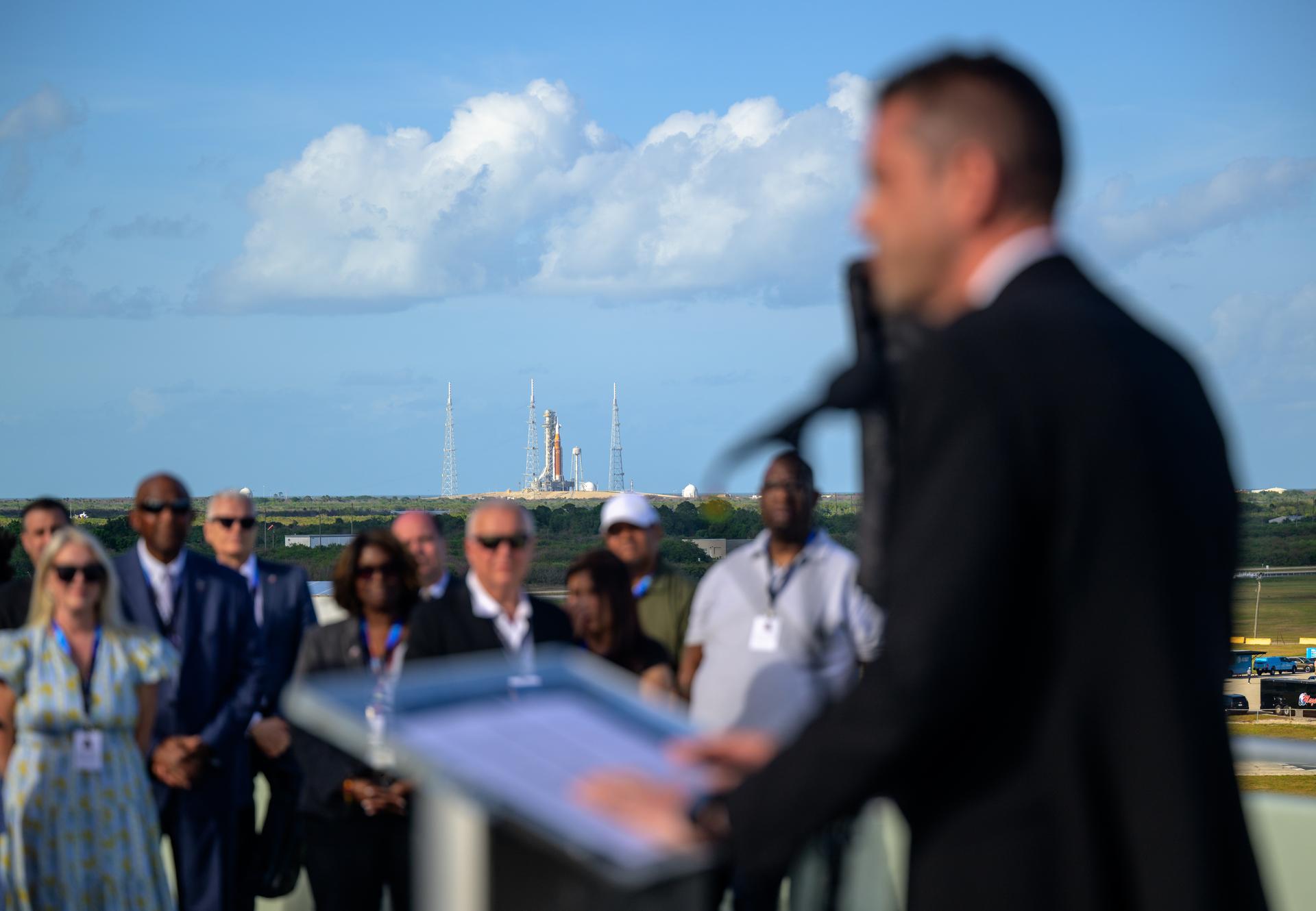 NASA Administrator Jared Isaacman gives remarks to guest ahead of the launch of NASA’s Space Launch System rocket carrying the Orion spacecraft with NASA astronauts Reid Wiseman, commander; Victor Glover, pilot; Christina Koch, mission specialist; and CSA (Canadian Space Agency) astronaut Jeremy Hansen, mission specialist on NASA’s Artemis II mission, Wednesday, April 1, 2026, from Operations and Support Building II at NASA’s Kennedy Space Center in Florida. NASA’s Artemis II mission will take Wiseman, Glover, Koch, and Hansen on a 10-day journey around the Moon and back aboard SLS rocket and Orion spacecraft which launched at 6:35pm EDT from Launch Complex 39B. Photo Credit: (NASA/Bill Ingalls)