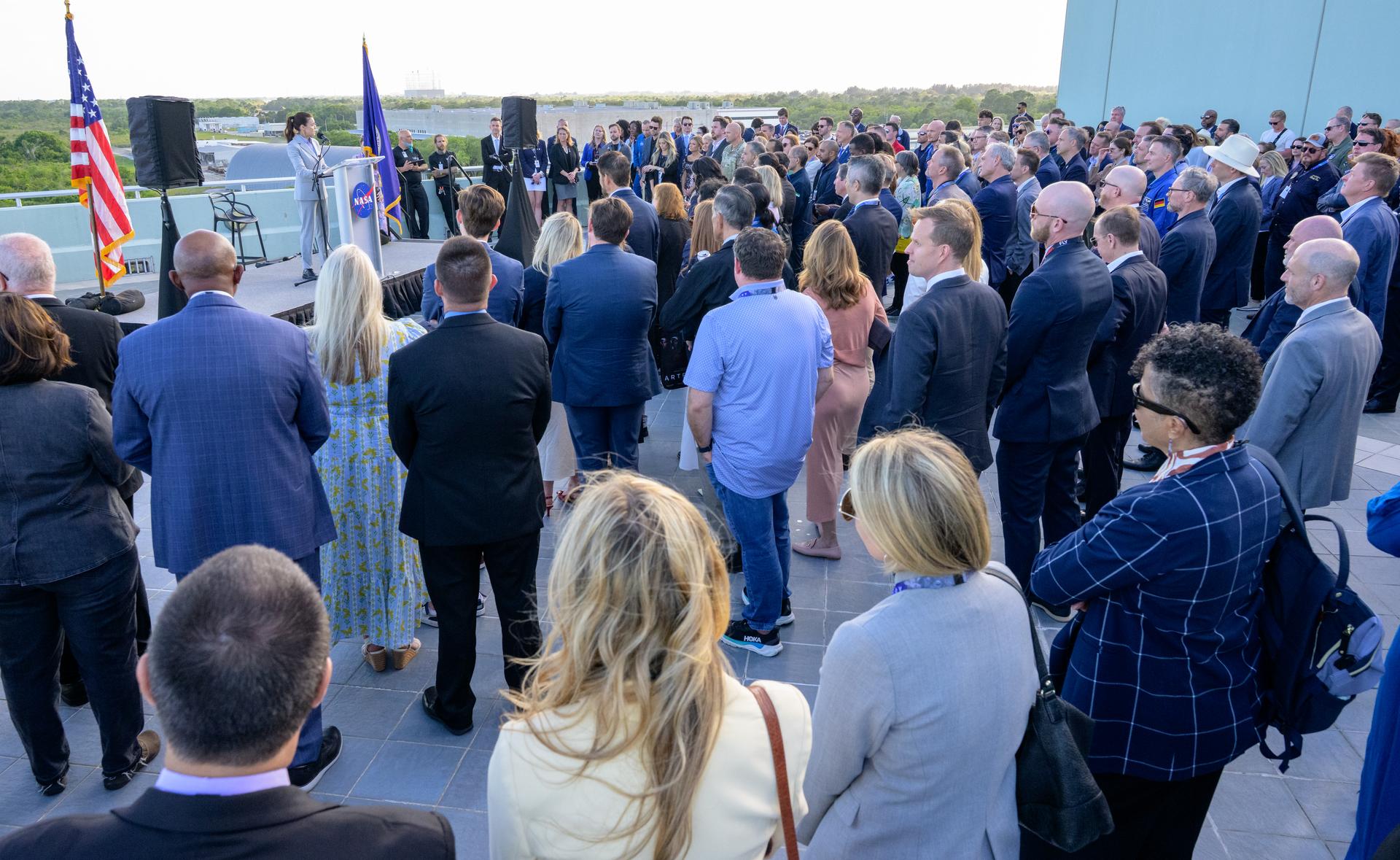 Lisa Campbell, President of CSA (Canadian Space Agency) gives remarks to guest ahead of the launch of NASA’s Space Launch System rocket carrying the Orion spacecraft with NASA astronauts Reid Wiseman, commander; Victor Glover, pilot; Christina Koch, mission specialist; and CSA (Canadian Space Agency) astronaut Jeremy Hansen, mission specialist on NASA’s Artemis II mission, Wednesday, April 1, 2026, from Operations and Support Building II at NASA’s Kennedy Space Center in Florida. NASA’s Artemis II mission will take Wiseman, Glover, Koch, and Hansen on a 10-day journey around the Moon and back aboard SLS rocket and Orion spacecraft which launched at 6:35pm EDT from Launch Complex 39B. Photo Credit: (NASA/Bill Ingalls)