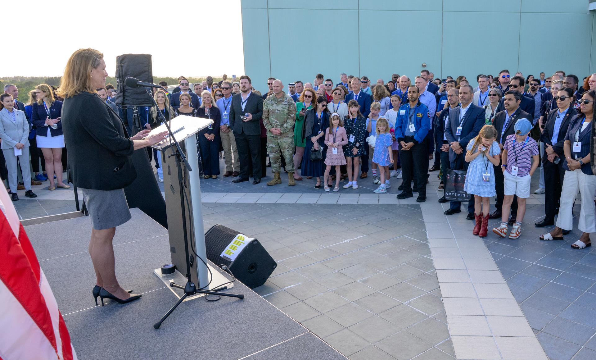 Lori Glaze, acting associate administrator for NASA's Exploration Systems Development Mission Directorate gives remarks to guest ahead of the launch of NASA’s Space Launch System rocket carrying the Orion spacecraft with NASA astronauts Reid Wiseman, commander; Victor Glover, pilot; Christina Koch, mission specialist; and CSA (Canadian Space Agency) astronaut Jeremy Hansen, mission specialist on NASA’s Artemis II mission, Wednesday, April 1, 2026, from Operations and Support Building II at NASA’s Kennedy Space Center in Florida. NASA’s Artemis II mission will take Wiseman, Glover, Koch, and Hansen on a 10-day journey around the Moon and back aboard SLS rocket and Orion spacecraft which launched at 6:35pm EDT from Launch Complex 39B. Photo Credit: (NASA/Bill Ingalls)