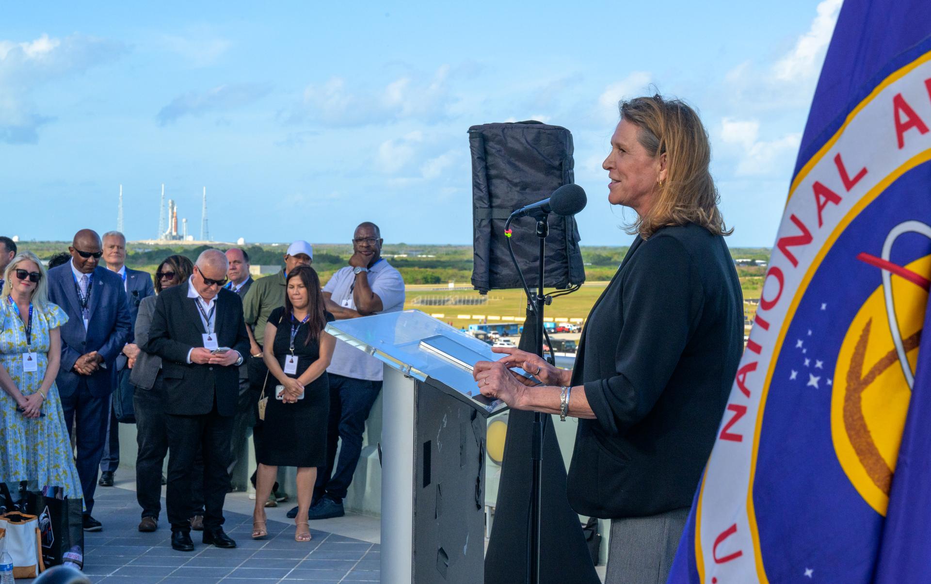 Lori Glaze, acting associate administrator for NASA's Exploration Systems Development Mission Directorate gives remarks to guest ahead of the launch of NASA’s Space Launch System rocket carrying the Orion spacecraft with NASA astronauts Reid Wiseman, commander; Victor Glover, pilot; Christina Koch, mission specialist; and CSA (Canadian Space Agency) astronaut Jeremy Hansen, mission specialist on NASA’s Artemis II mission, Wednesday, April 1, 2026, from Operations and Support Building II at NASA’s Kennedy Space Center in Florida. NASA’s Artemis II mission will take Wiseman, Glover, Koch, and Hansen on a 10-day journey around the Moon and back aboard SLS rocket and Orion spacecraft which launched at 6:35pm EDT from Launch Complex 39B. Photo Credit: (NASA/Bill Ingalls)
