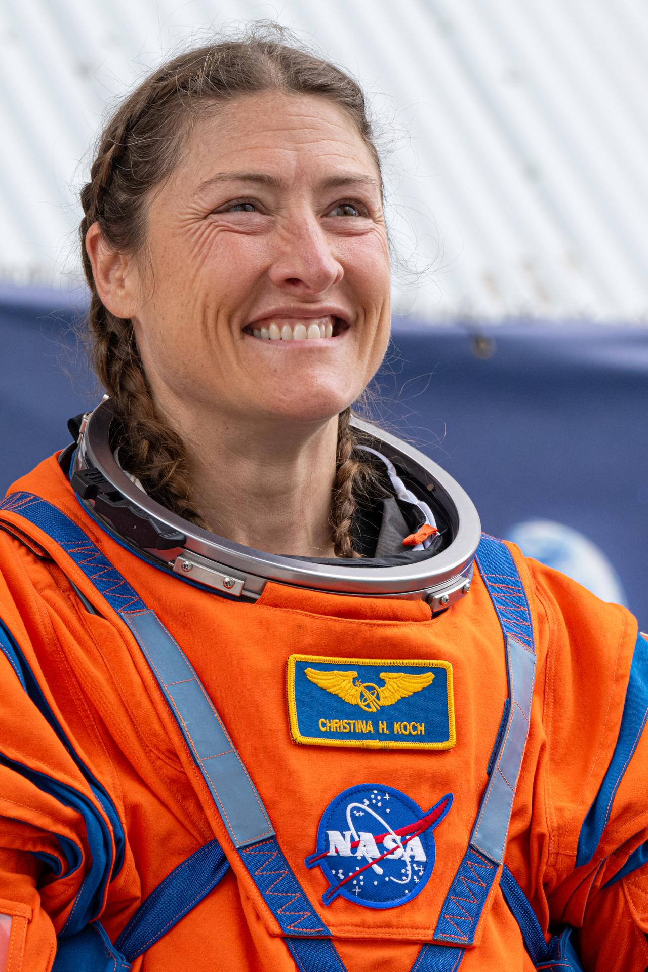 Artemis II astronaut Mission Specialist Christina Koch is seen as the Artemis II crew prepares to depart the Neil A. Armstrong Operations and Checkout Building for Launch Complex 39B at Kennedy Space Center to board NASA’s Artemis II Space Launch System (SLS) rocket and Orion spacecraft for the Artemis II launch, Wednesday, Apr. 1, 2026, at NASA’s Kennedy Space Center in Florida. NASA’s Artemis II test flight will take Commander Reid Wiseman, Pilot Victor Glover, and Mission Specialist Christina Koch from NASA, and Mission Specialist Jeremy Hansen from the CSA (Canadian Space Agency), around the Moon and back to Earth no earlier than April 1, 2026. Photo Credit: (NASA/John Kraus)