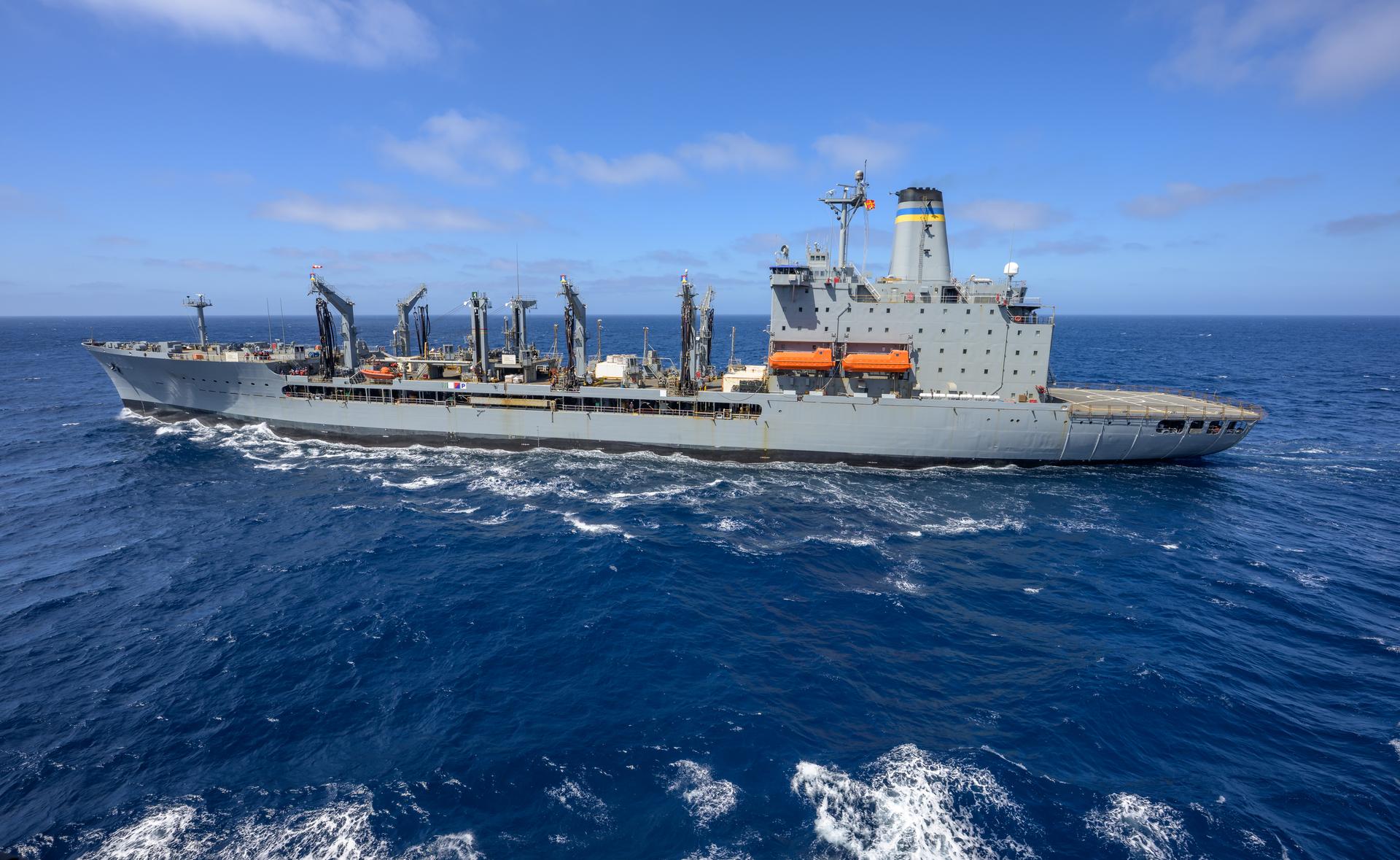 The USNS Guadalupe (T-AO 200) replenishment oiler prepares to refuel USS John P. Murtha (LPD 26) as NASA, U.S. Navy, and U.S. Air Force teams head into the Pacific Ocean for the return of the Artemis II crewmembers to Earth, Monday, April 6, 2026, in the Pacific Ocean off the coast of California. NASA’s Artemis II mission is taking NASA astronauts Reid Wiseman, commander; Victor Glover, pilot; Christina Koch, mission specialist; and CSA (Canadian Space Agency) astronaut Jeremy Hansen, mission specialist on a 10-day journey around the Moon and back aboard their Orion spacecraft. Wiseman, Glover, Koch, and Hansen are scheduled to splash down off the coast of San Diego at approximately 5:07 p.m. PDT (8:07 p.m. EDT) on Friday, April 10.  Photo Credit: (NASA/Bill Ingalls)