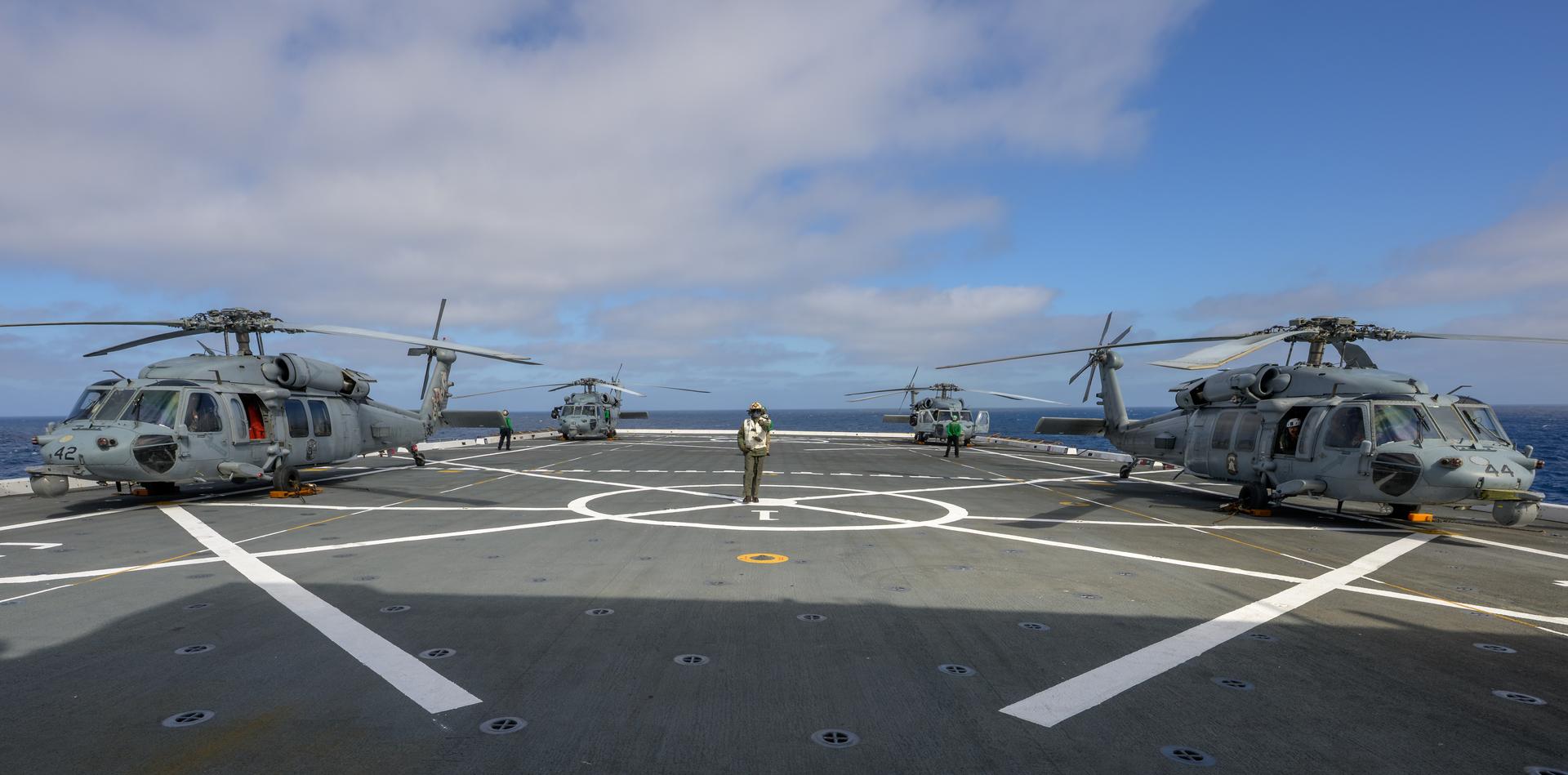 U.S. Navy MH-60 Seahawks from Helicopter Sea Combat Squadron (HSC) 23 are seen on the flight deck of USS John P. Murtha as they prepare to takeoff to conduct air operations training as NASA, U.S. Navy, and U.S. Air Force teams prepare for the the return of the Artemis II crewmembers to Earth, Tuesday, April 7, 2026, in the Pacific Ocean off the coast of California. NASA’s Artemis II mission is taking NASA astronauts Reid Wiseman, commander; Victor Glover, pilot; Christina Koch, mission specialist; and CSA (Canadian Space Agency) astronaut Jeremy Hansen, mission specialist on a 10-day journey around the Moon and back aboard their Orion spacecraft. Wiseman, Glover, Koch, and Hansen are scheduled to splash down off the coast of San Diego at approximately 5:07 p.m. PDT (8:07 p.m. EDT) on Friday, April 10.  Photo Credit: (NASA/Bill Ingalls)