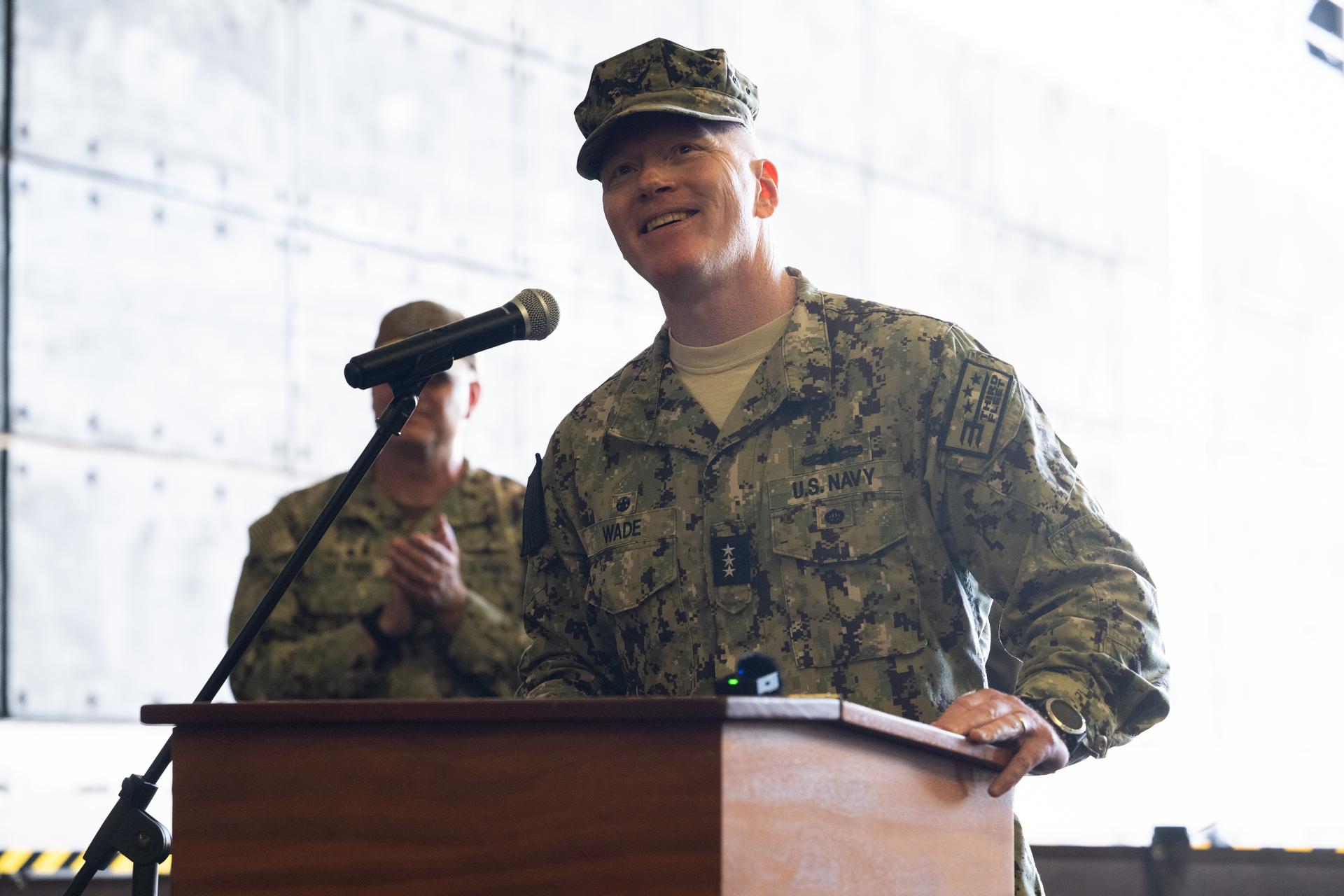 Vice Adm. John Wade, Commander, Third Fleet, speaks to the crew of USS John P. Murtha, NASA Landing and Recovery teams, and the agency’s U.S. military recovery partners in the well deck of John P. Murtha, Saturday, April 11, 2026, at Naval Base San Diego after supporting recovery operations for NASA’s Artemis II mission. The agency’s Artemis II mission, which took NASA astronauts Reid Wiseman, commander; Victor Glover, pilot; Christina Koch, mission specialist; and CSA (Canadian Space Agency) astronaut Jeremy Hansen, mission specialist on a nearly 10-day journey around the Moon and back to Earth, splashed down at 5:07 p.m. PDT (8:07 p.m. EDT) on April 10 in the Pacific Ocean off the coast of California.  Photo Credit: (NASA/Joel Kowsky)