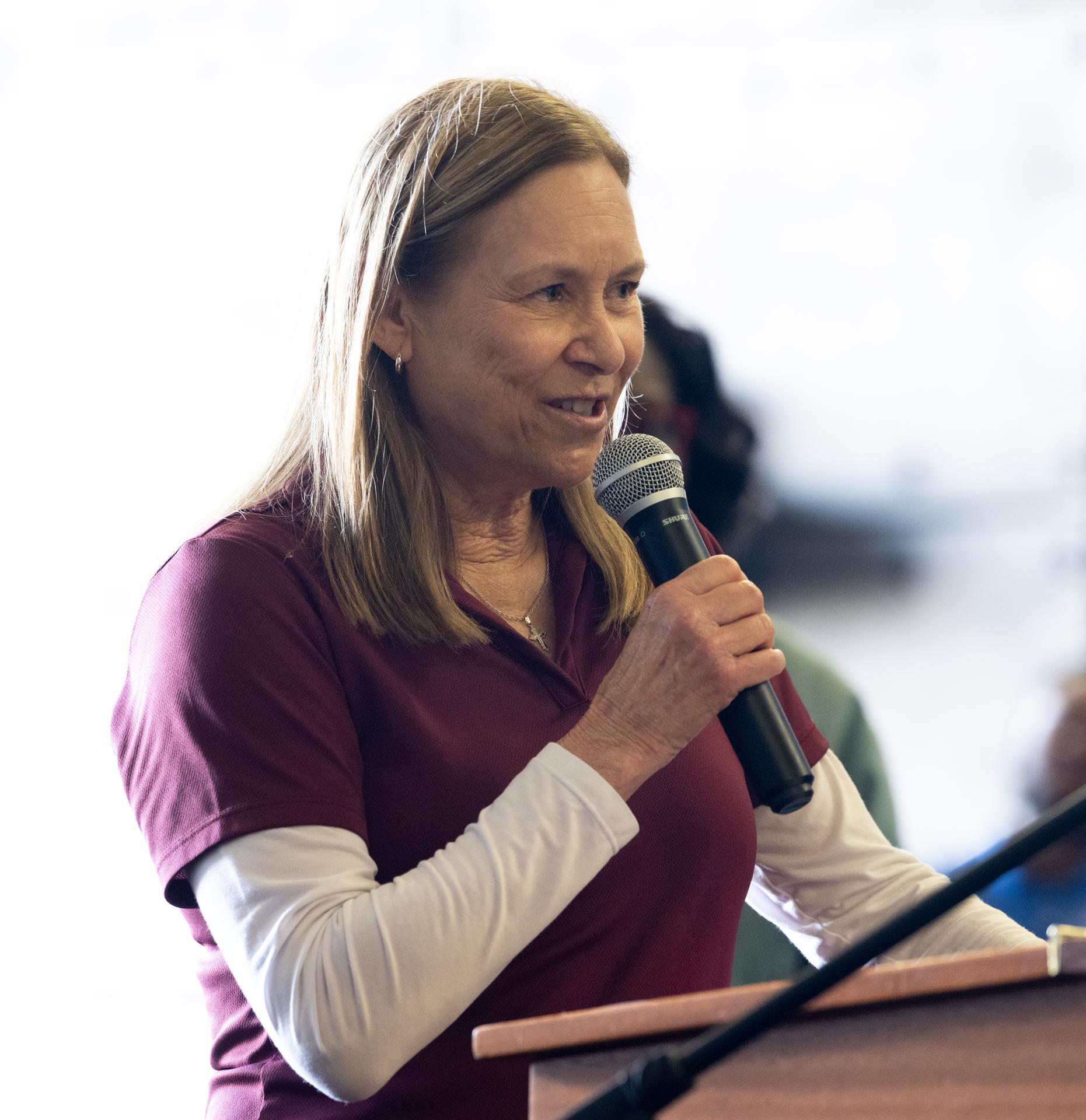 Janet Petro, director of NASA's Kennedy Space Center, speaks to the crew of USS John P. Murtha, NASA Landing and Recovery teams, and the agency’s U.S. military recovery partners in the well deck of John P. Murtha, Saturday, April 11, 2026, at Naval Base San Diego after supporting recovery operations for NASA’s Artemis II mission. The agency’s Artemis II mission, which took NASA astronauts Reid Wiseman, commander; Victor Glover, pilot; Christina Koch, mission specialist; and CSA (Canadian Space Agency) astronaut Jeremy Hansen, mission specialist on a nearly 10-day journey around the Moon and back to Earth, splashed down at 5:07 p.m. PDT (8:07 p.m. EDT) on April 10 in the Pacific Ocean off the coast of California.  Photo Credit: (NASA/Joel Kowsky)