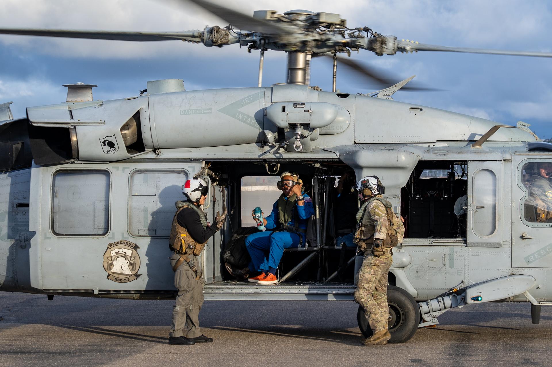 Artemis II NASA astronaut Victor Glover, pilot, is seen after being flown from USS John P. Murtha to Naval Air Station North Island on Navy MH-60 Seahawks from Helicopter Sea Combat Squadron (HSC) 23, Saturday, April 11, 2026, following a splashdown in the Pacific Ocean off the coast of California at 5:07 p.m. PDT (8:07 p.m. EDT) on April 10. NASA’s Artemis II mission took NASA astronauts Reid Wiseman, commander; Victor Glover, pilot; Christina Koch, mission specialist; and CSA (Canadian Space Agency) astronaut Jeremy Hansen, mission specialist on a nearly ten day journey around the Moon and back to Earth. Photo Credit: (NASA/Keegan Barber)