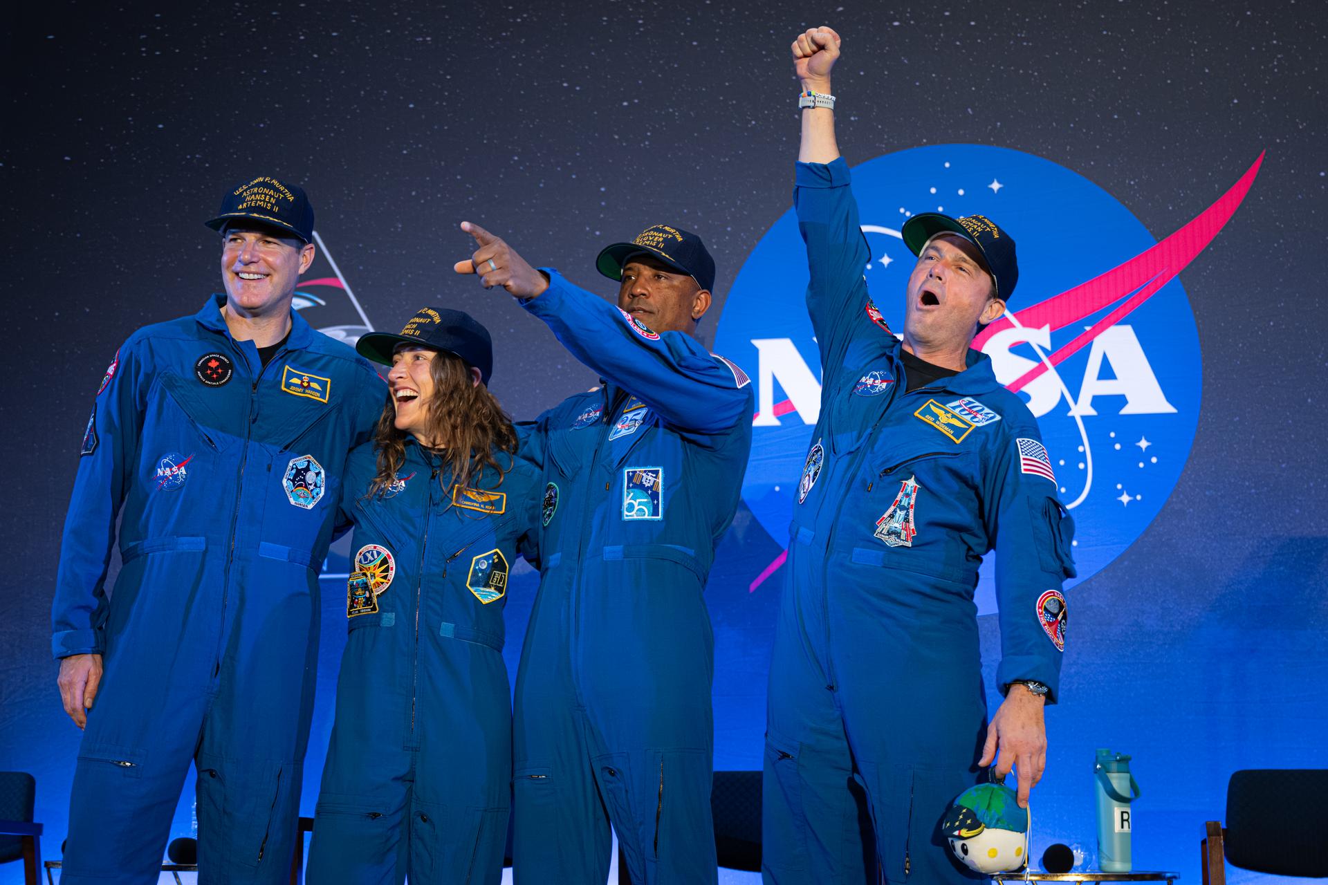 The Artemis II crew of Mission Specialist Jeremy Hansen from the CSA (Canadian Space Agency) and Mission Specialist Christina Koch, Pilot Victor Glover, and Commander Reid Wiseman from NASA are seen during a crew return event, Saturday, Apr. 11, 2026, at Ellington Field in Houston, Texas. NASA’s Artemis II test flight took Commander Reid Wiseman, Pilot Victor Glover, and Mission Specialist Christina Koch from NASA, and Mission Specialist Jeremy Hansen from the CSA (Canadian Space Agency) on an approximately nine-day mission around the Moon and back to Earth. Photo Credit: (NASA/John Kraus)