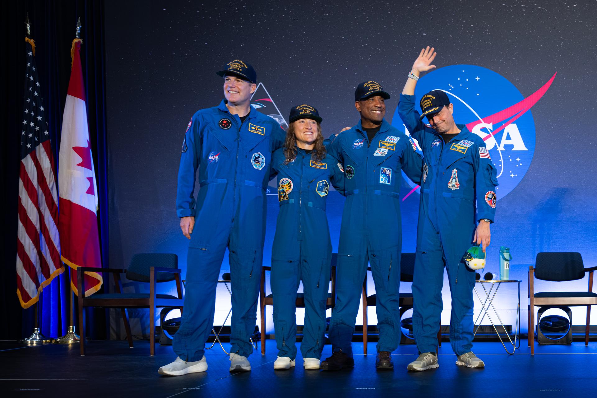 The Artemis II crew of Mission Specialist Jeremy Hansen from the CSA (Canadian Space Agency) and Mission Specialist Christina Koch, Pilot Victor Glover, and Commander Reid Wiseman from NASA are seen during a crew return event, Saturday, Apr. 11, 2026, at Ellington Field in Houston, Texas. NASA’s Artemis II test flight took Commander Reid Wiseman, Pilot Victor Glover, and Mission Specialist Christina Koch from NASA, and Mission Specialist Jeremy Hansen from the CSA (Canadian Space Agency) on an approximately nine-day mission around the Moon and back to Earth. Photo Credit: (NASA/John Kraus)