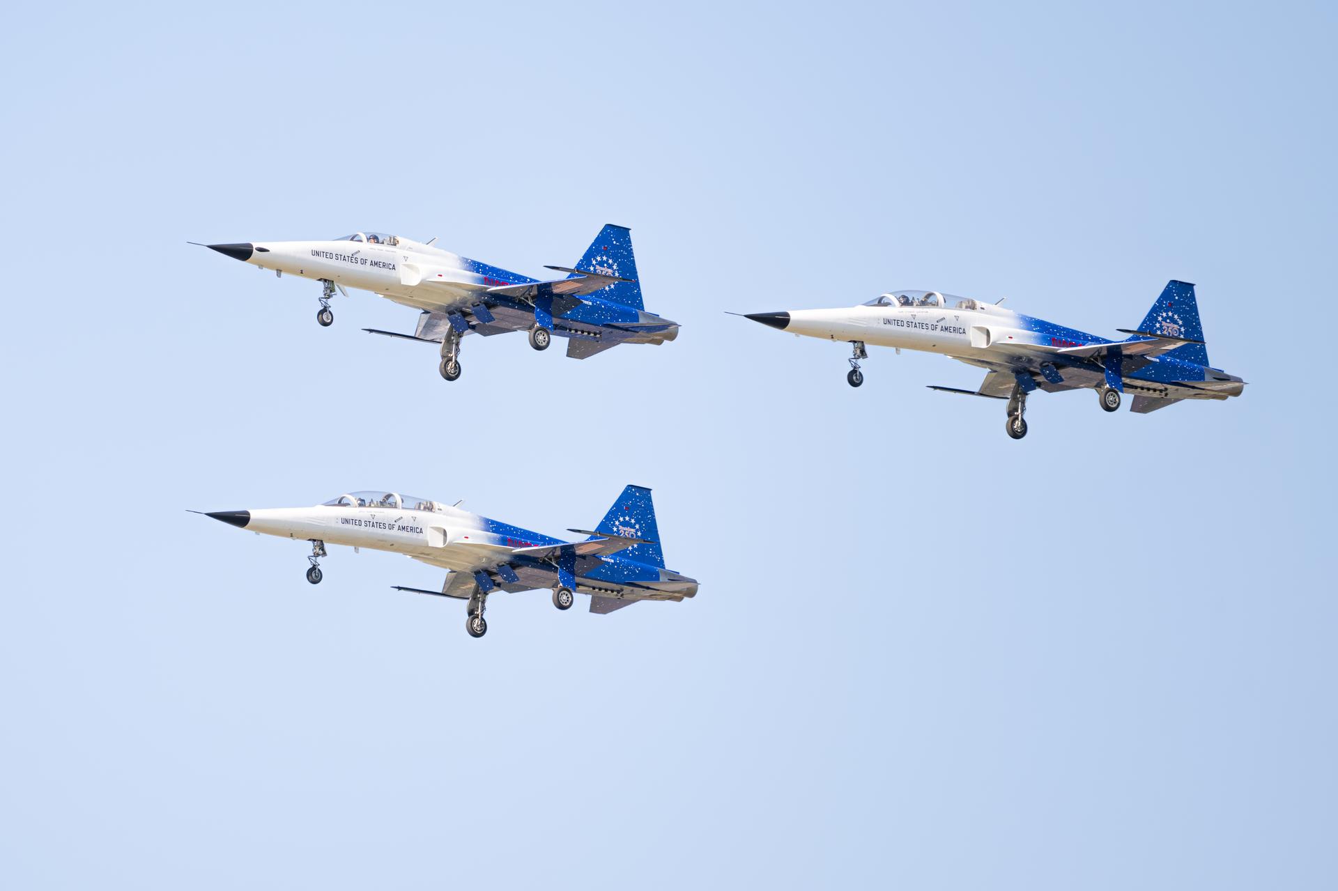 NASA Administrator Jared Isaacman participates in a formation flight with his F-5 aircraft during an air show performance at the SUN ’n FUN Aerospace Expo, Wednesday, Apr. 15, 2026, in Lakeland, Fla. Isaacman was joined by pilots Sean Gustafson, senior advisor to the administrator, and Jerry Kerby. Photo Credit: (NASA/John Kraus)