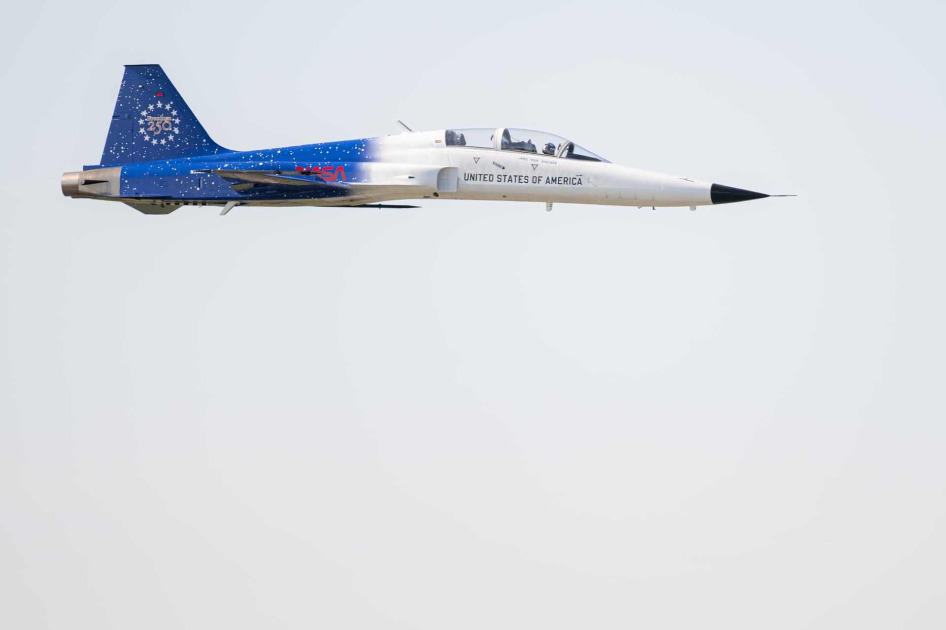 NASA Administrator Jared Isaacman participates in a formation flight with his F-5 aircraft during an air show performance at the SUN ’n FUN Aerospace Expo, Wednesday, Apr. 15, 2026, in Lakeland, Fla. Isaacman was joined by pilots Sean Gustafson, senior advisor to the administrator, and Jerry Kerby. Photo Credit: (NASA/John Kraus)