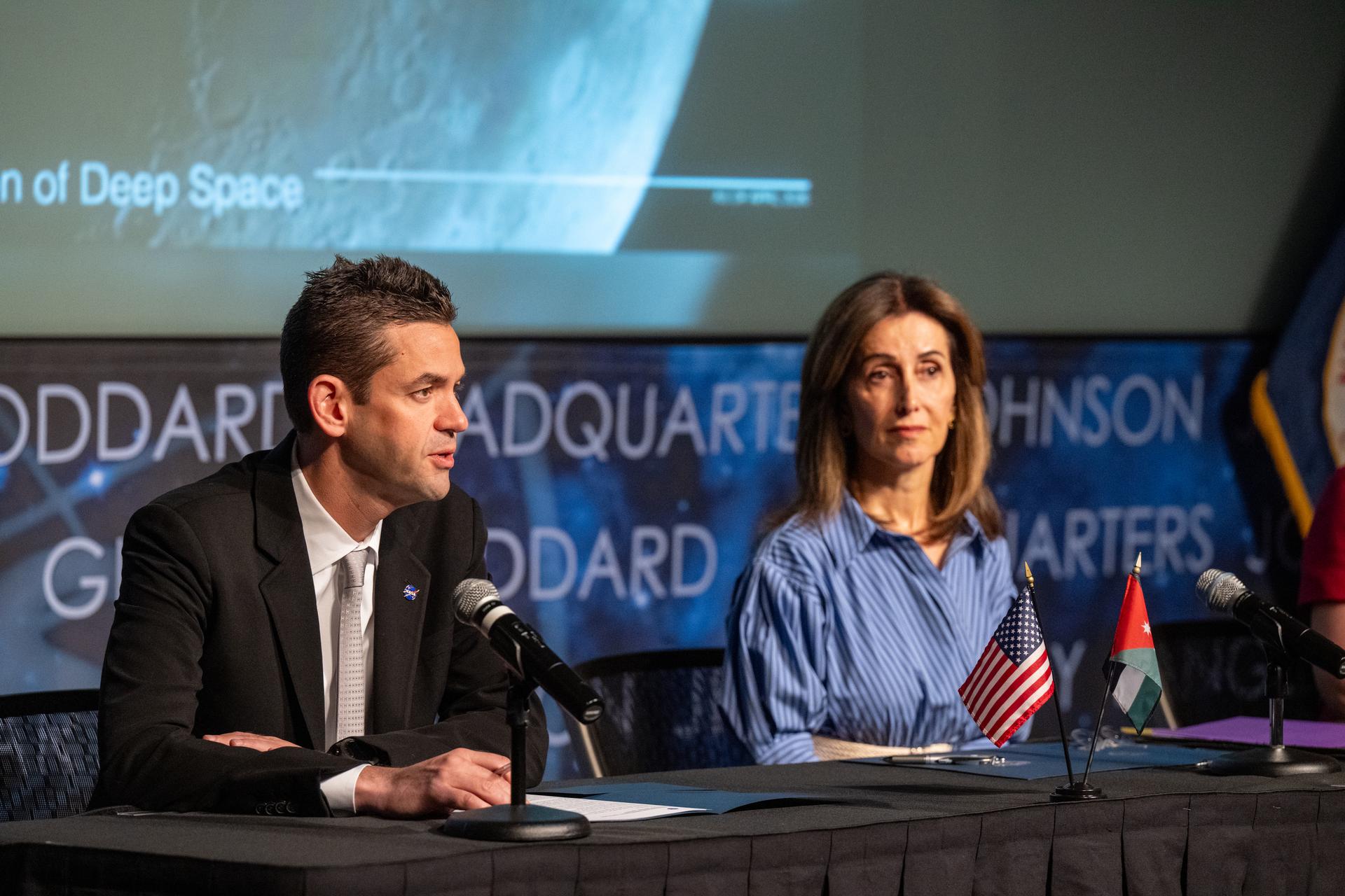 NASA Administrator Jared Isaacman, left, delivers remarks during an Artemis Accords signing ceremony alongside Ambassador of Jordan to the United States Dina Kawar, right, Thursday, April 23, 2026, at the Mary W. Jackson NASA Headquarters building in Washington. The Hashemite Kingdom of Jordan is the 63rd country to sign the Artemis Accords, which establish a practical set of principles to guide space exploration cooperation among nations participating in NASA’s Artemis program. Photo Credit: (NASA/Keegan Barber)