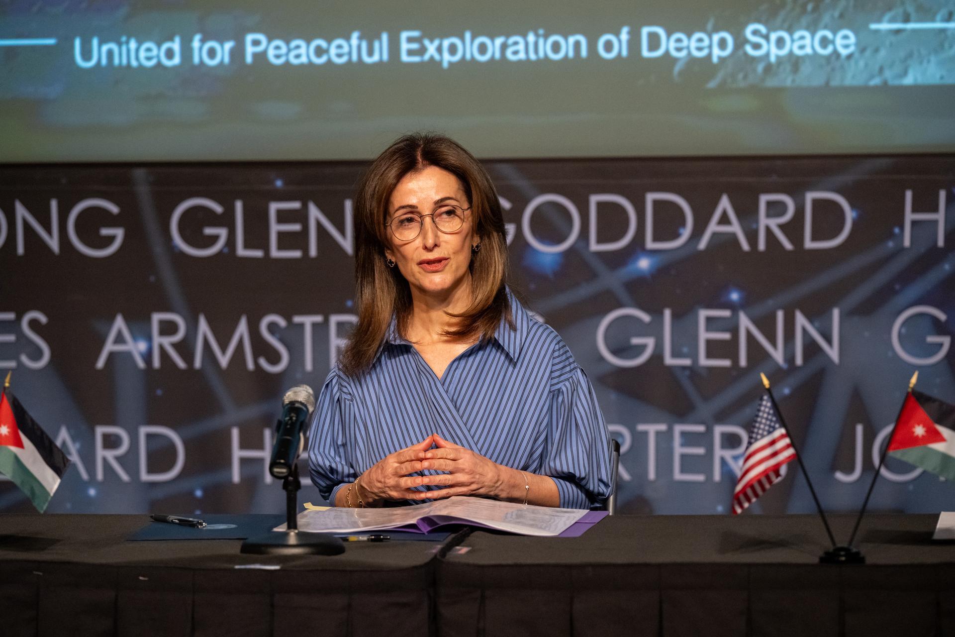 Ambassador of Jordan to the United States Dina Kawar delivers remarks during an Artemis Accords signing ceremony Thursday, April 23, 2026, at the Mary W. Jackson NASA Headquarters building in Washington. The Hashemite Kingdom of Jordan is the 63rd country to sign the Artemis Accords, which establish a practical set of principles to guide space exploration cooperation among nations participating in NASA’s Artemis program. Photo Credit: (NASA/Keegan Barber)