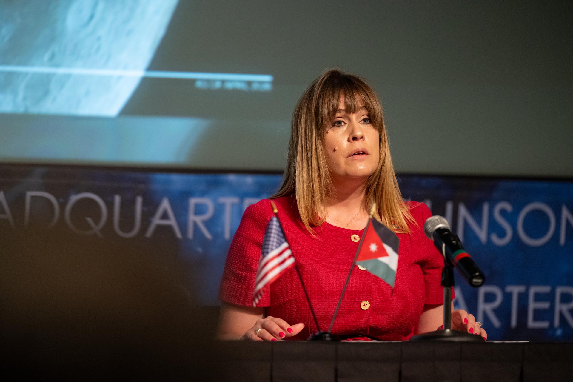 Acting Principal Deputy Assistant Secretary of State for Oceans and International Environmental and Scientific Affairs Ruth Perry delivers remarks during an Artemis Accords signing ceremony Thursday, April 23, 2026, at the Mary W. Jackson NASA Headquarters building in Washington. The Hashemite Kingdom of Jordan is the 63rd country to sign the Artemis Accords, which establish a practical set of principles to guide space exploration cooperation among nations participating in NASA’s Artemis program. Photo Credit: (NASA/Keegan Barber)