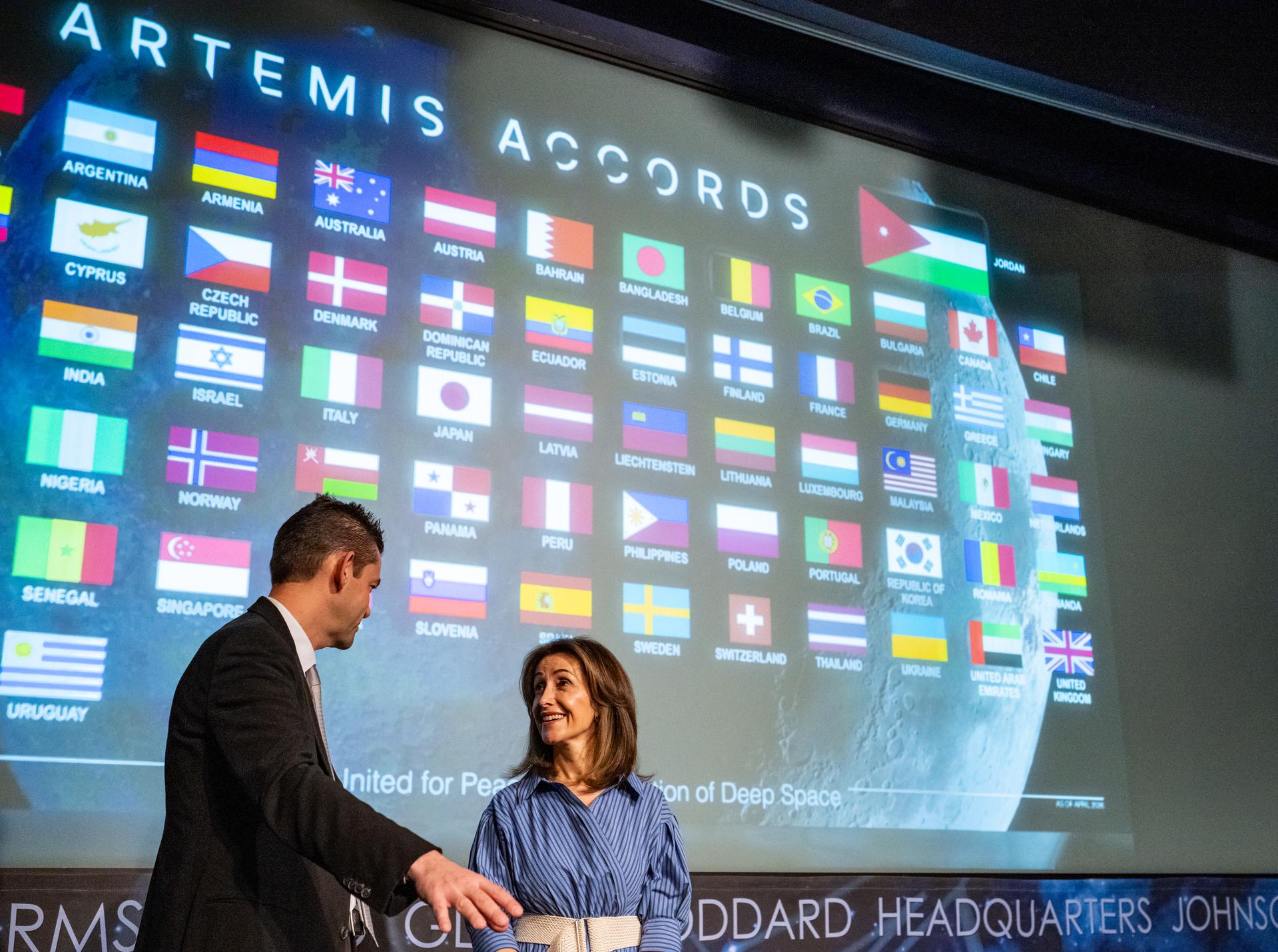 NASA Administrator Jared Isaacman, left, and Ambassador of Jordan to the United States Dina Kawar, right, are seen following an Artemis Accords signing ceremony Thursday, April 23, 2026, at the Mary W. Jackson NASA Headquarters building in Washington. The Hashemite Kingdom of Jordan is the 63rd country to sign the Artemis Accords, which establish a practical set of principles to guide space exploration cooperation among nations participating in NASA’s Artemis program. Photo Credit: (NASA/Keegan Barber)