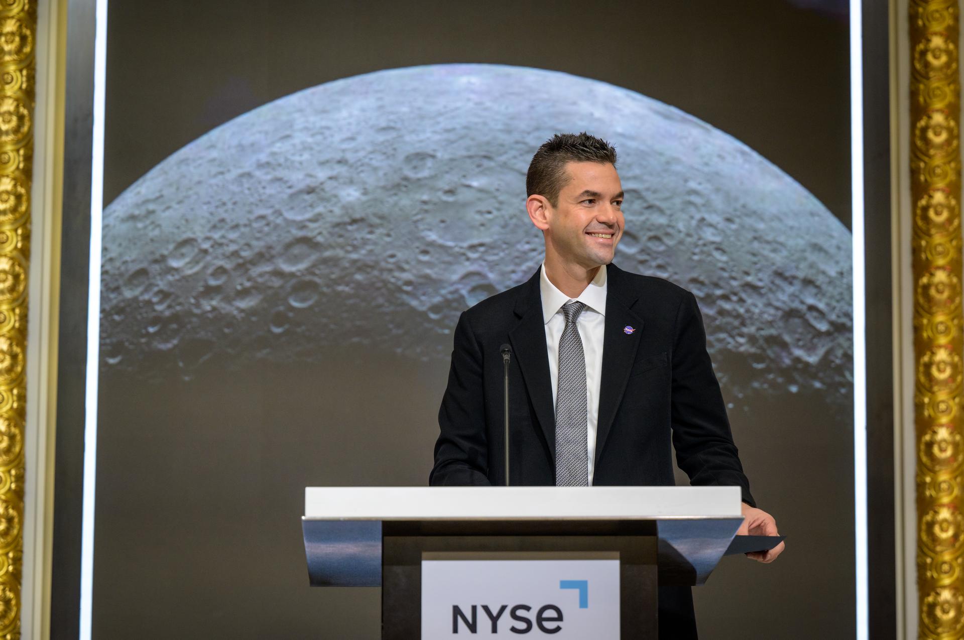 NASA Administrator Jared Isaacman, gives remarks before he and other NASA leadership ring the opening bell of the New York Stock Exchange, Thursday, April 30, 2026, in New York, NY. Photo Credit: (NASA/Bill Ingalls)