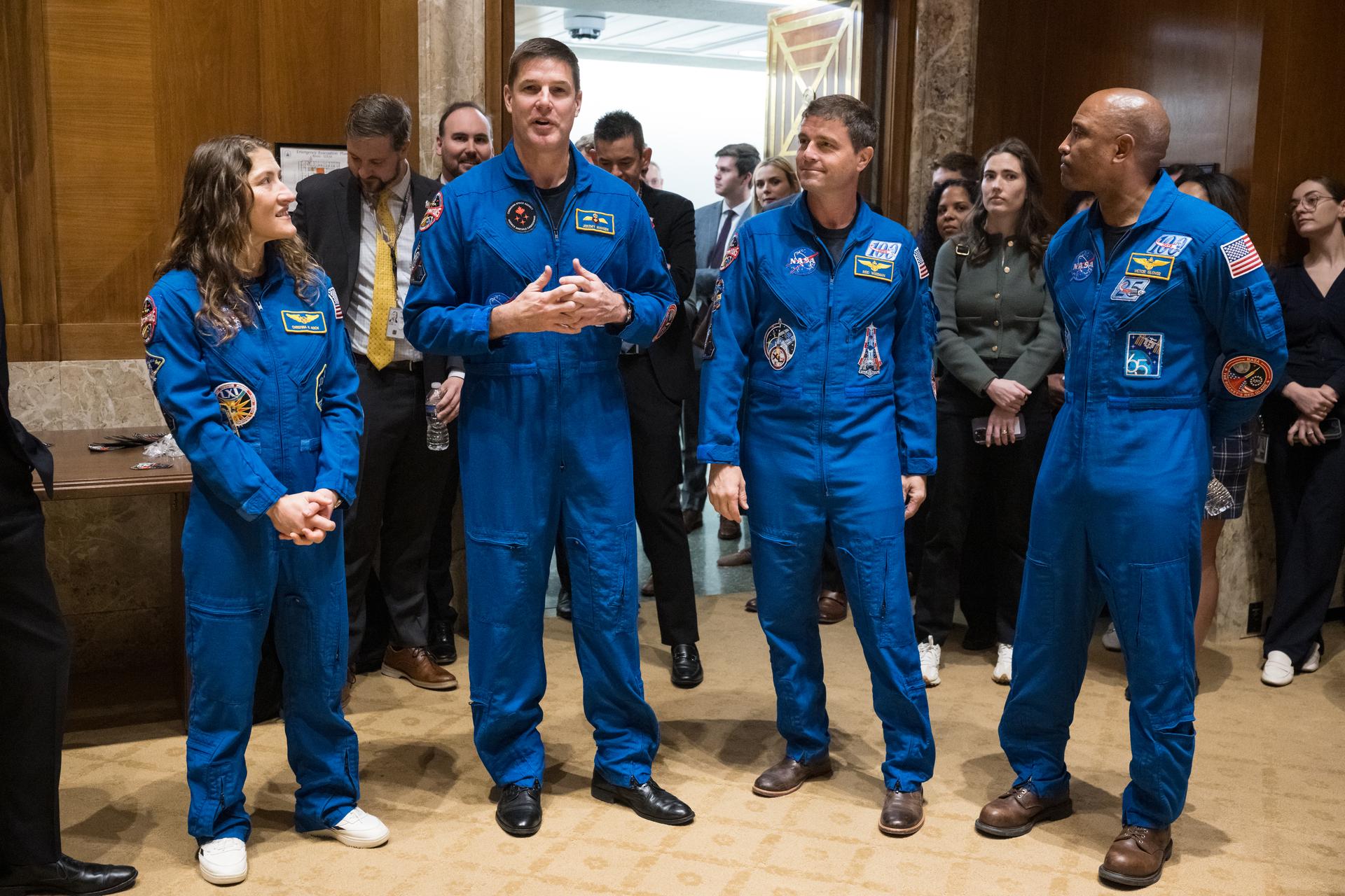 From left to right, NASA astronaut Christina Koch, mission specialist; CSA (Canadian Space Agency) astronaut Jeremy Hansen, mission specialist; NASA astronauts Reid Wiseman, commander; and Victor Glover, pilot; speak during an event at the Dirksen Senate Office Building, Tuesday, May 12, 2026, in Washington. NASA’s Artemis II mission took Wiseman, Glover, Koch, and Hansen on a nearly 10-day journey around the Moon and back to Earth in April 2026. Photo Credit: (NASA/Aubrey Gemignani)