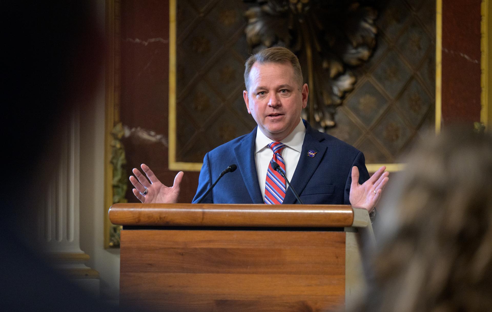 NASA Deputy Administrator Matt Anderson gives remarks after being sworn in as the agency’s 16th deputy administrator, Thursday, May 21, 2026, at the Eisenhower Executive Office Building in Washington. Photo Credit: (NASA/Bill Ingalls)