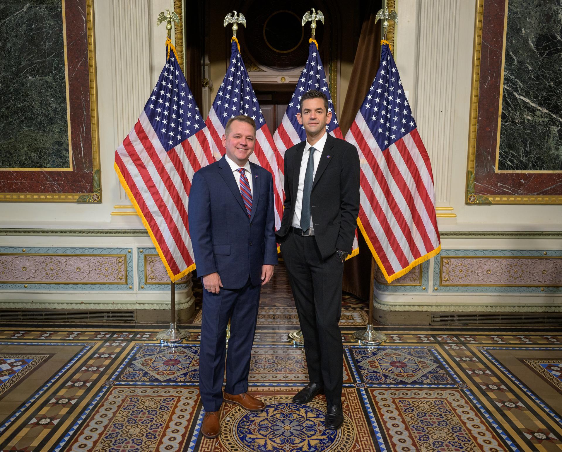 NASA Deputy Administrator Matt Anderson, left, and NASA Administrator Jared Isaacman, pose for a photograph after Anderson was sworn in as the agency’s 16th Deputy Administrator, Thursday, May 21, 2026, at the Eisenhower Executive Office Building in Washington. Photo Credit: (NASA/Bill Ingalls)