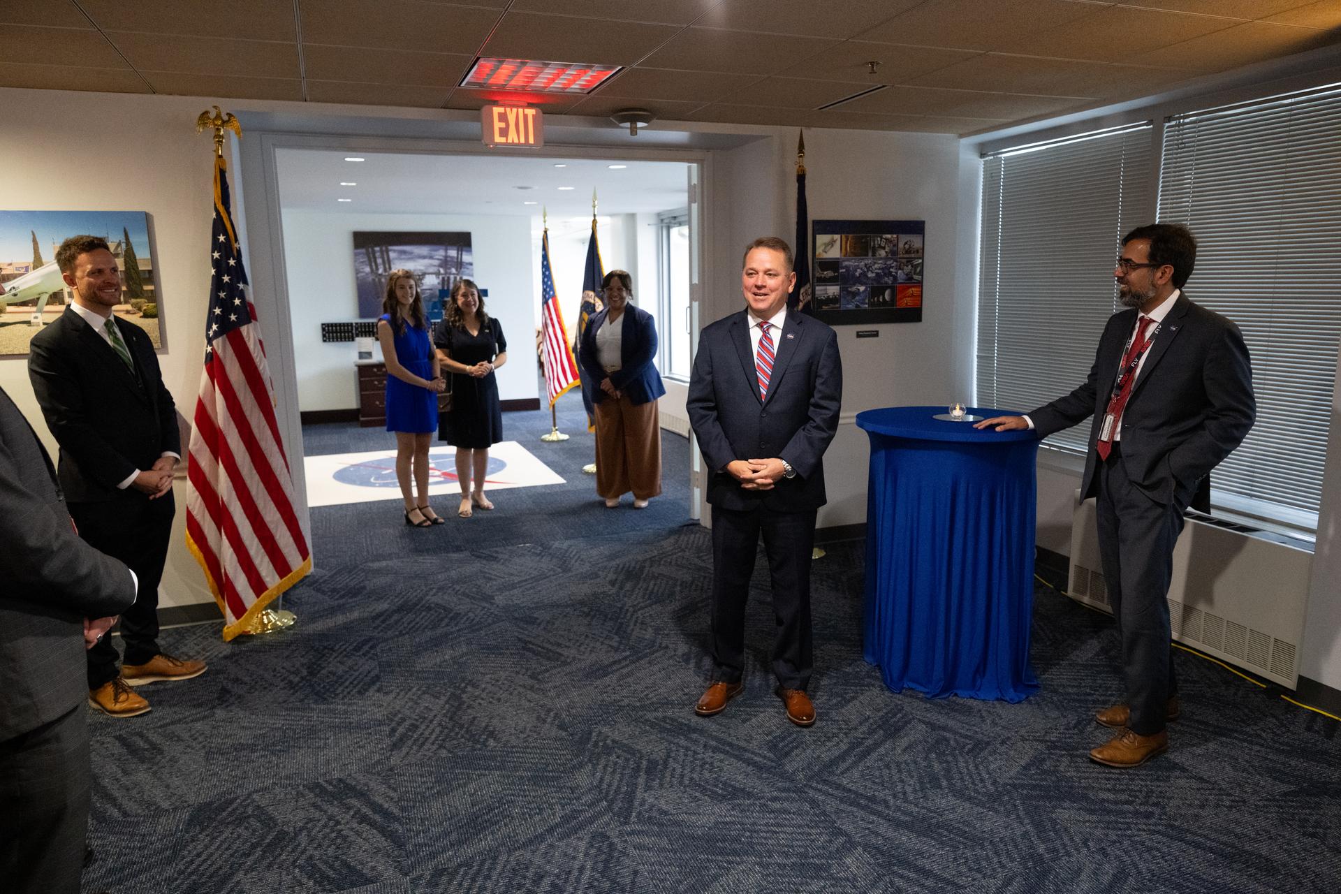 NASA Deputy Administrator Matt Anderson is welcomed to NASA Headquarters by NASA Associate Administrator Amit Kshatriya and other members of agency leadership, Thursday, May 21, 2026, at the Mary W. Jackson NASA Headquarters building in Washington. Anderson was sworn-in as the agency’s 16th Deputy Administrator during a ceremony at the Eisenhower Executive Office Building earlier this morning. Photo Credit: (NASA/Joel Kowsky)