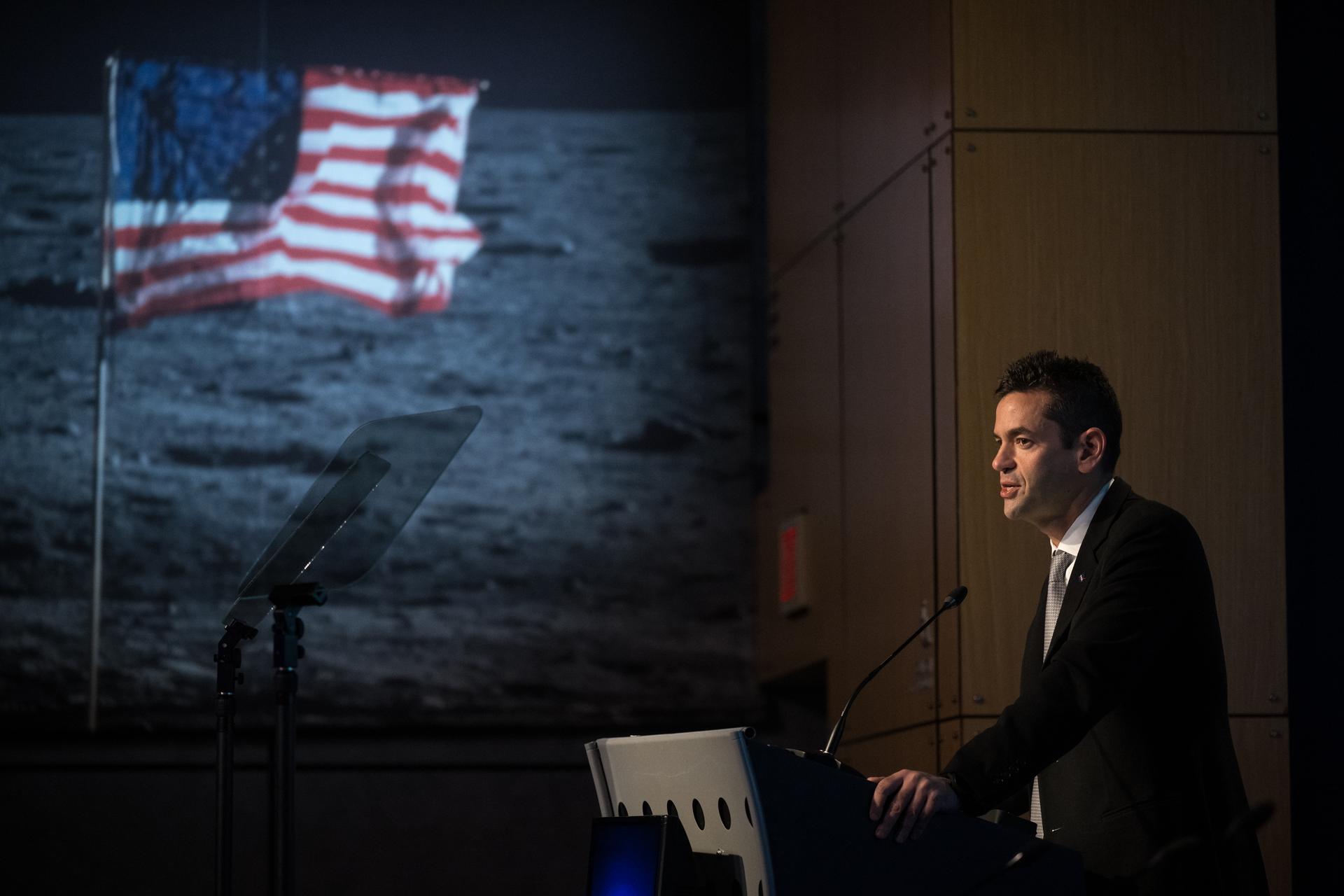 NASA Administrator Jared Isaacman provides remarks during a news conference to discuss Moon Base, a long-term lunar exploration and infrastructure initiative designed to enable sustained human presence and expanded scientific and commercial activity at the lunar South Pole, Tuesday, May 26, 2026, at the Mary W. Jackson NASA Headquarters building in Washington. Photo Credit: (NASA/Aubrey Gemignani)