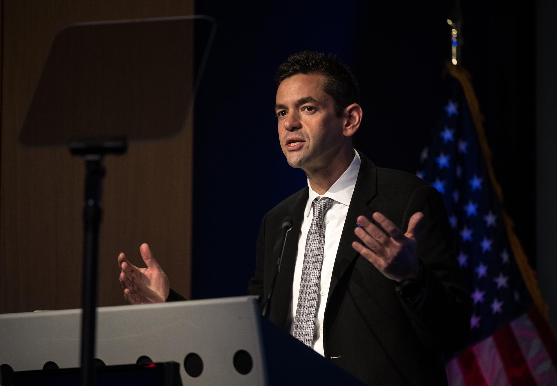 NASA Administrator Jared Isaacman provides remarks during a news conference to discuss Moon Base, a long-term lunar exploration and infrastructure initiative designed to enable sustained human presence and expanded scientific and commercial activity at the lunar South Pole, Tuesday, May 26, 2026, at the Mary W. Jackson NASA Headquarters building in Washington. Photo Credit: (NASA/Aubrey Gemignani)