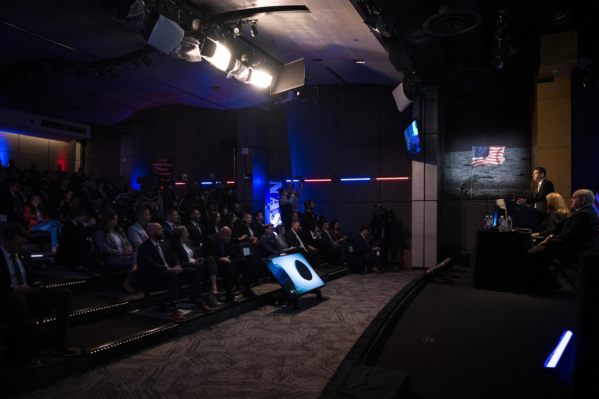 NASA Administrator Jared Isaacman provides remarks during a news conference to discuss Moon Base, a long-term lunar exploration and infrastructure initiative designed to enable sustained human presence and expanded scientific and commercial activity at the lunar South Pole, Tuesday, May 26, 2026, at the Mary W. Jackson NASA Headquarters building in Washington. Photo Credit: (NASA/Aubrey Gemignani)