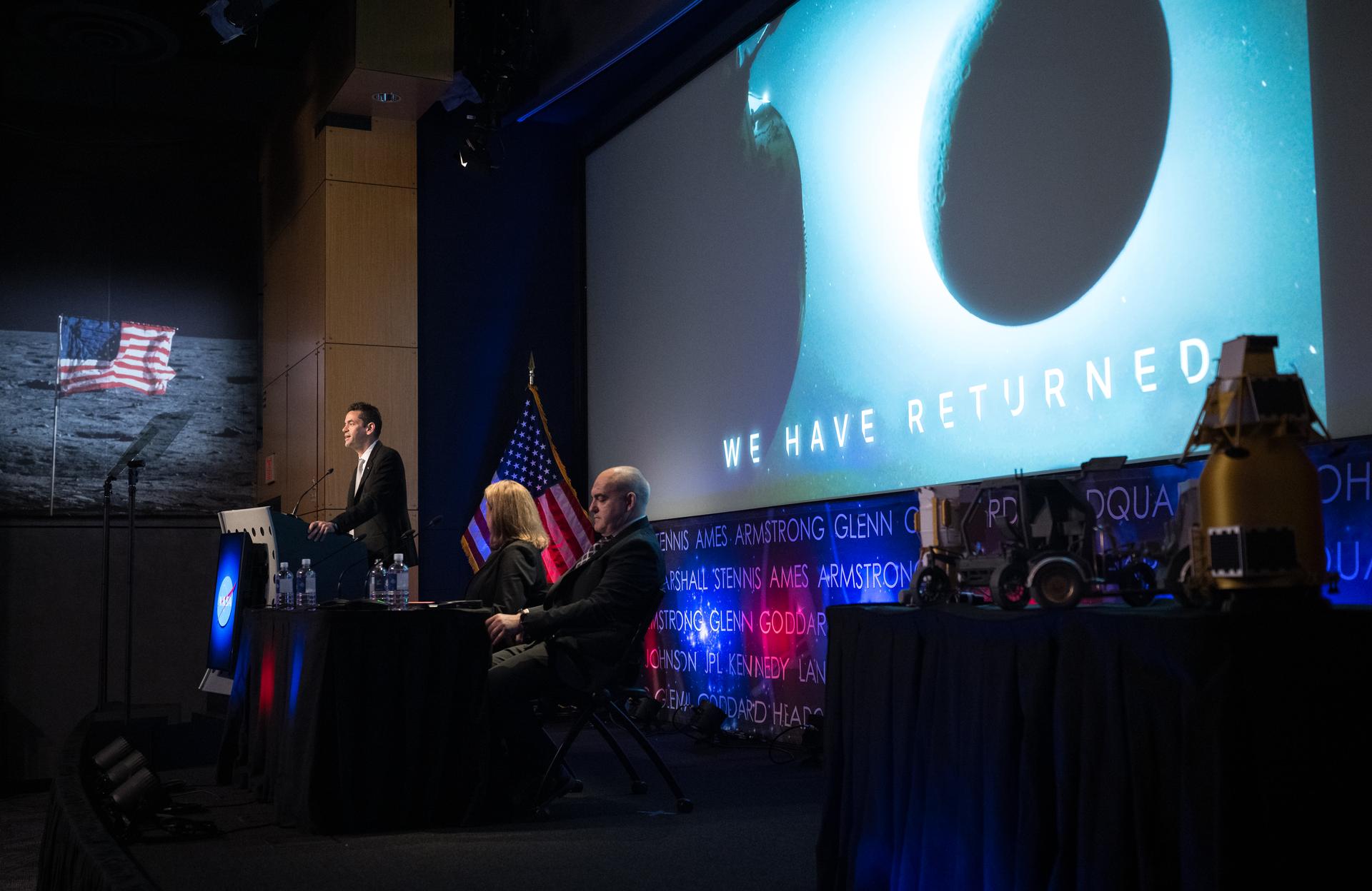 NASA Administrator Jared Isaacman provides remarks during a news conference to discuss Moon Base, a long-term lunar exploration and infrastructure initiative designed to enable sustained human presence and expanded scientific and commercial activity at the lunar South Pole, Tuesday, May 26, 2026, at the Mary W. Jackson NASA Headquarters building in Washington. Photo Credit: (NASA/Aubrey Gemignani)