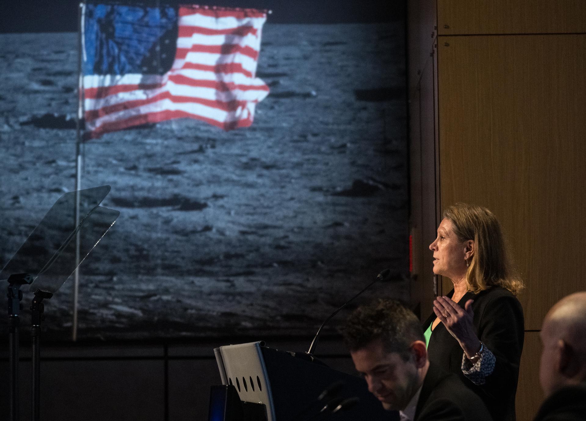 NASA Administrator Jared Isaacman provides remarks during a news conference to discuss Moon Base, a long-term lunar exploration and infrastructure initiative designed to enable sustained human presence and expanded scientific and commercial activity at the lunar South Pole, Tuesday, May 26, 2026, at the Mary W. Jackson NASA Headquarters building in Washington. Photo Credit: (NASA/Aubrey Gemignani)