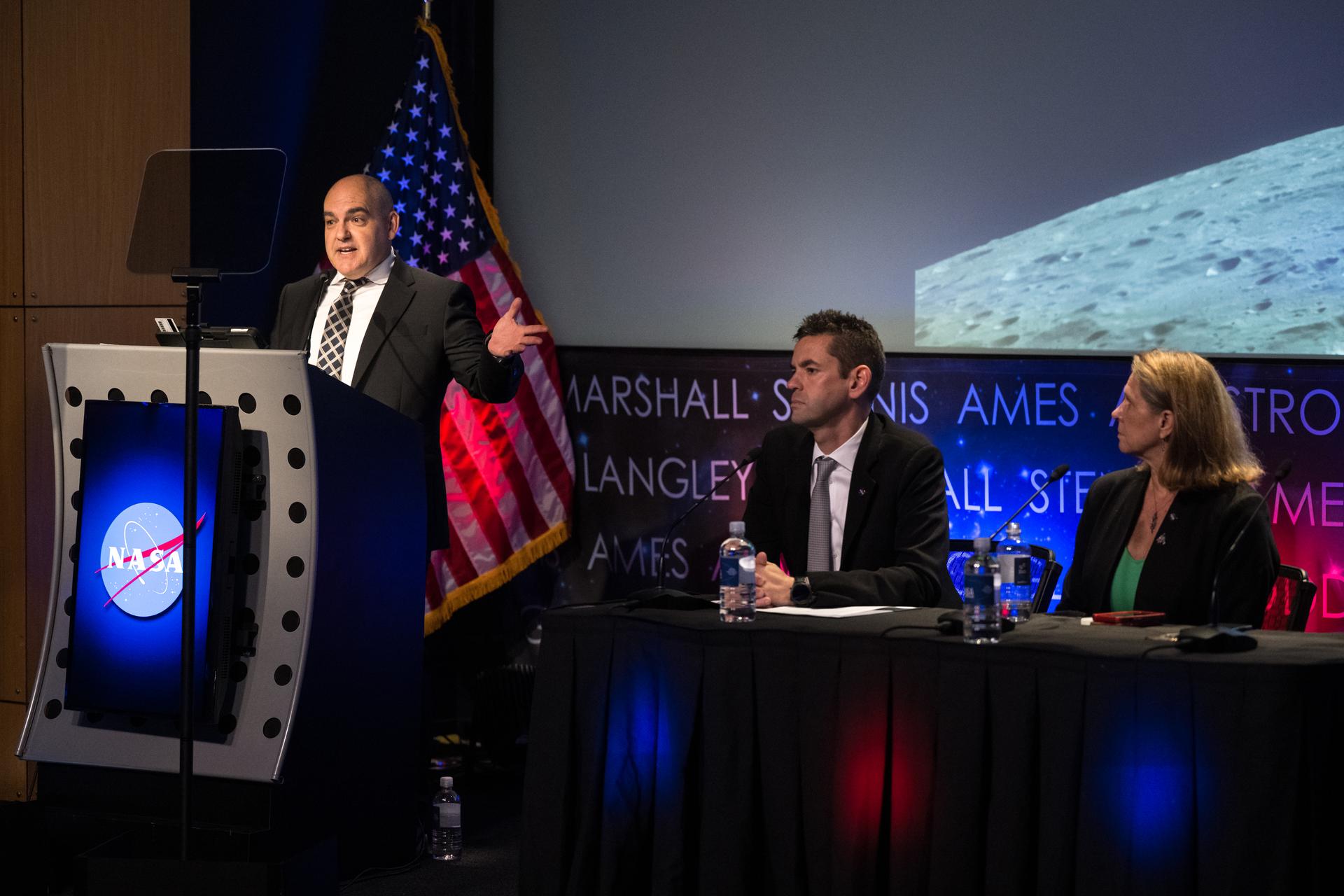 NASA Administrator Jared Isaacman provides remarks during a news conference to discuss Moon Base, a long-term lunar exploration and infrastructure initiative designed to enable sustained human presence and expanded scientific and commercial activity at the lunar South Pole, Tuesday, May 26, 2026, at the Mary W. Jackson NASA Headquarters building in Washington. Photo Credit: (NASA/Aubrey Gemignani)