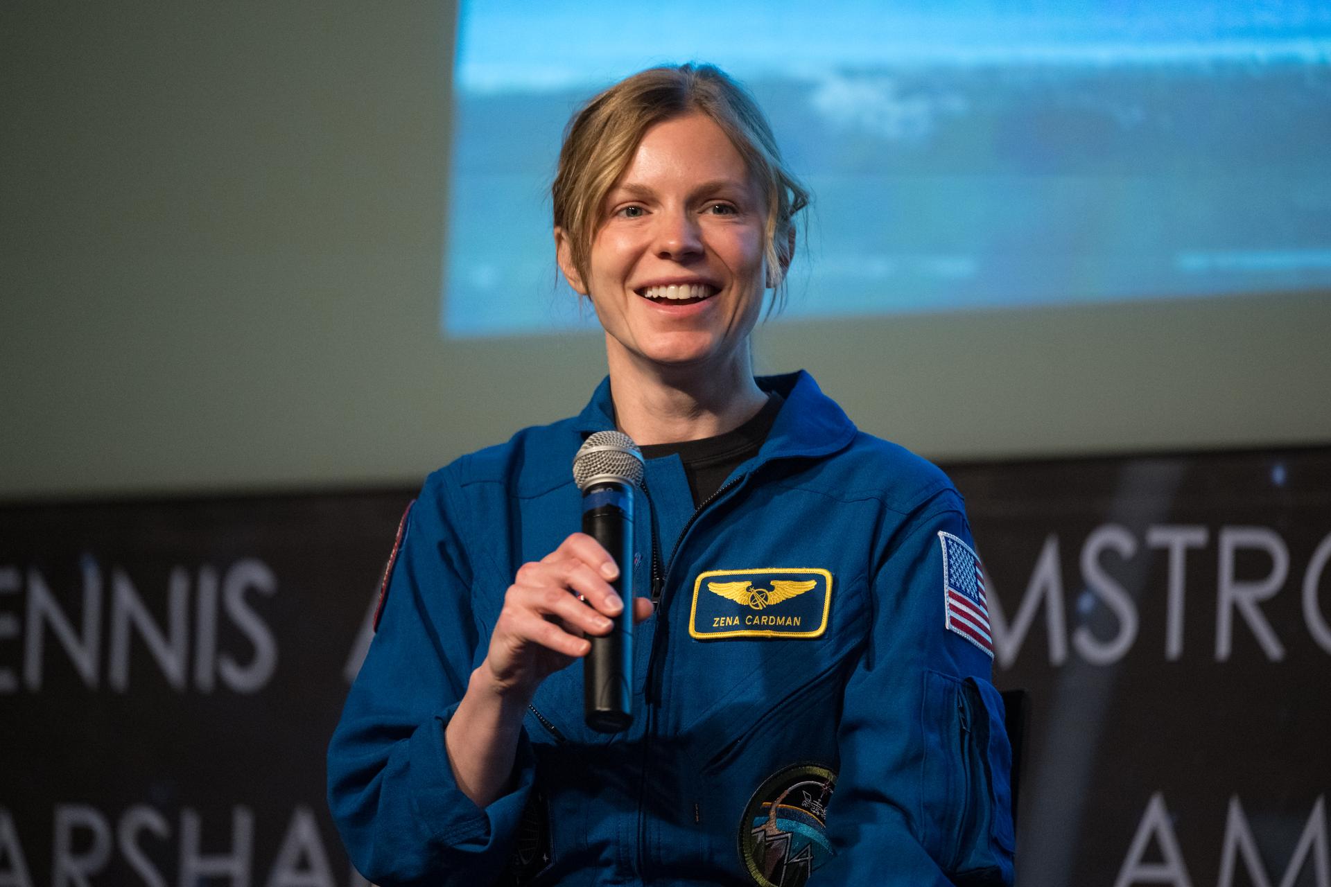NASA astronaut Zena Cardman shares about her time onboard the International Space Station as part of Expeditions 73 and 74 with crew mates NASA astronaut Mike Fincke, and JAXA (Japan Aerospace Exploration Agency) astronaut Kimiya Yui Monday, June 1, 2026  at the Mary W. Jackson NASA Headquarters building in Washington. Photo Credit: (NASA/Aubrey Gemignani)