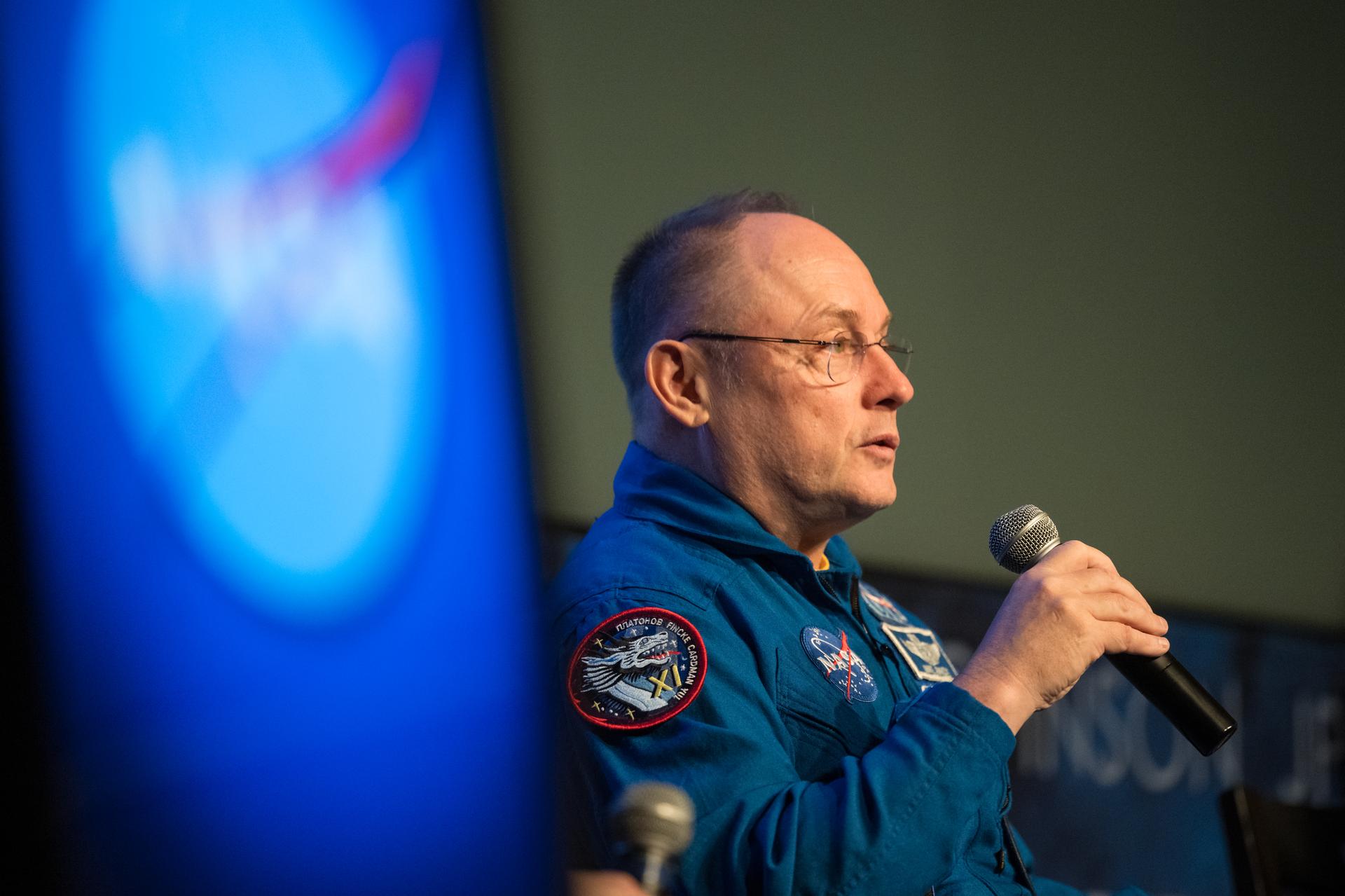 NASA astronaut Mike Fincke shares about his time onboard the International Space Station as part of Expeditions 73 and 74 with crew mates NASA astronaut Zena Cardman and JAXA (Japan Aerospace Exploration Agency) astronaut Kimiya Yui, Monday, June 1, 2026  at the Mary W. Jackson NASA Headquarters building in Washington. Photo Credit: (NASA/Aubrey Gemignani)
