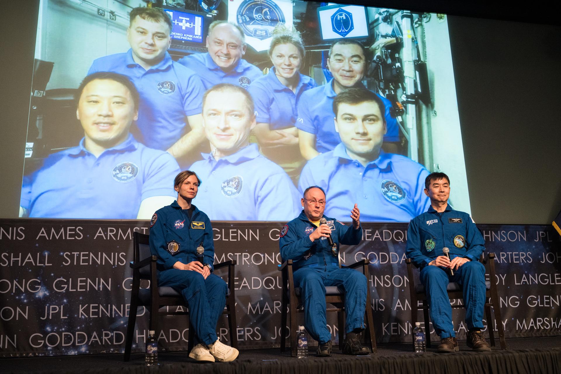 NASA astronaut Mike Fincke speaks about his time onboard the International Space Station, Tuesday, June 2, 2026, during an employee engagement event at the Mary W. Jackson NASA Headquarters building in Washington. Fincke, NASA astronaut Zena Cardman, and JAXA (Japan Aerospace Exploration Agency) astronaut Kimiya Yui served as part of Expeditions 73 and 74 onboard the orbiting laboratory. Photo Credit: (NASA/Aubrey Gemignani)