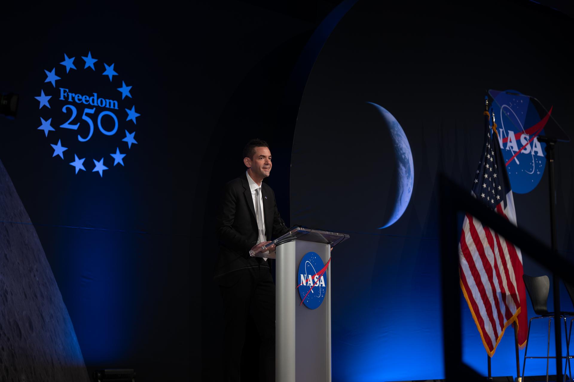 NASA Administrator Jared Isaacman gives remarks during the Artemis III crew announcement event, Tuesday, June 9, 2026, at NASA’s Johnson Space Center in Houston, Texas. Photo Credit: (NASA/John Kraus)