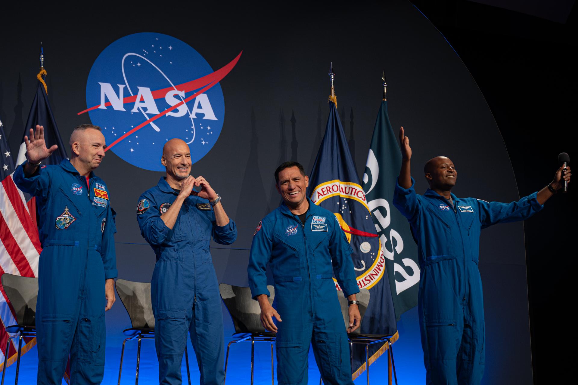 Artemis III crew Randy Bresnik, Luca Parmitano, Frank Rubio and Andre Douglas at the crew announcement, June 9, 2026