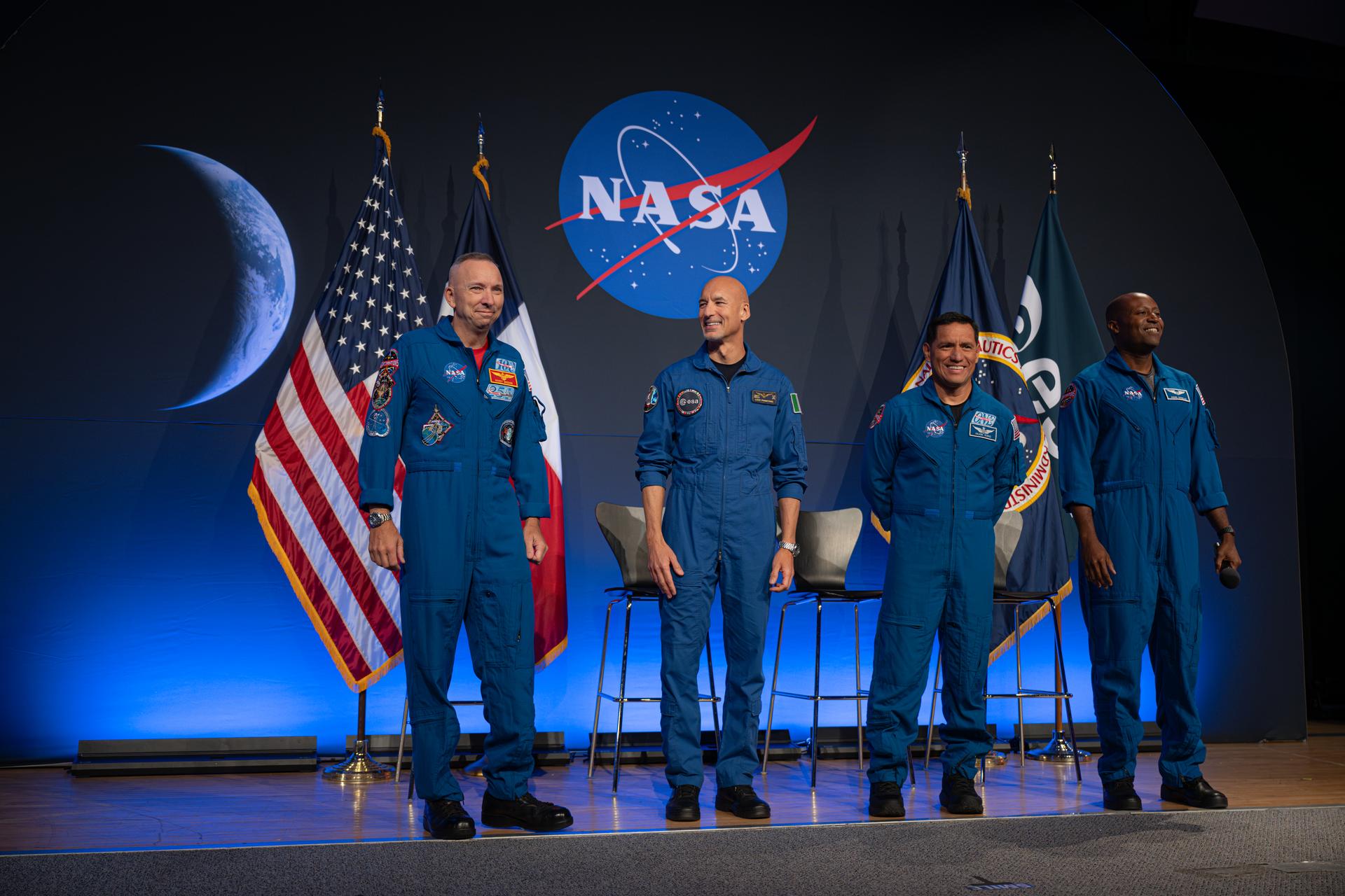 Artemis III crew members NASA astronaut Randy Bresnik, commander; ESA (European Space Agency) astronaut Luca Parmitano, pilot; and NASA astronauts Frank Rubio, mission specialist, and Andre Douglas, mission specialist, are seen during the Artemis III crew announcement event, Tuesday, June 9, 2026, at NASA’s Johnson Space Center in Houston, Texas. Photo Credit: (NASA/John Kraus)