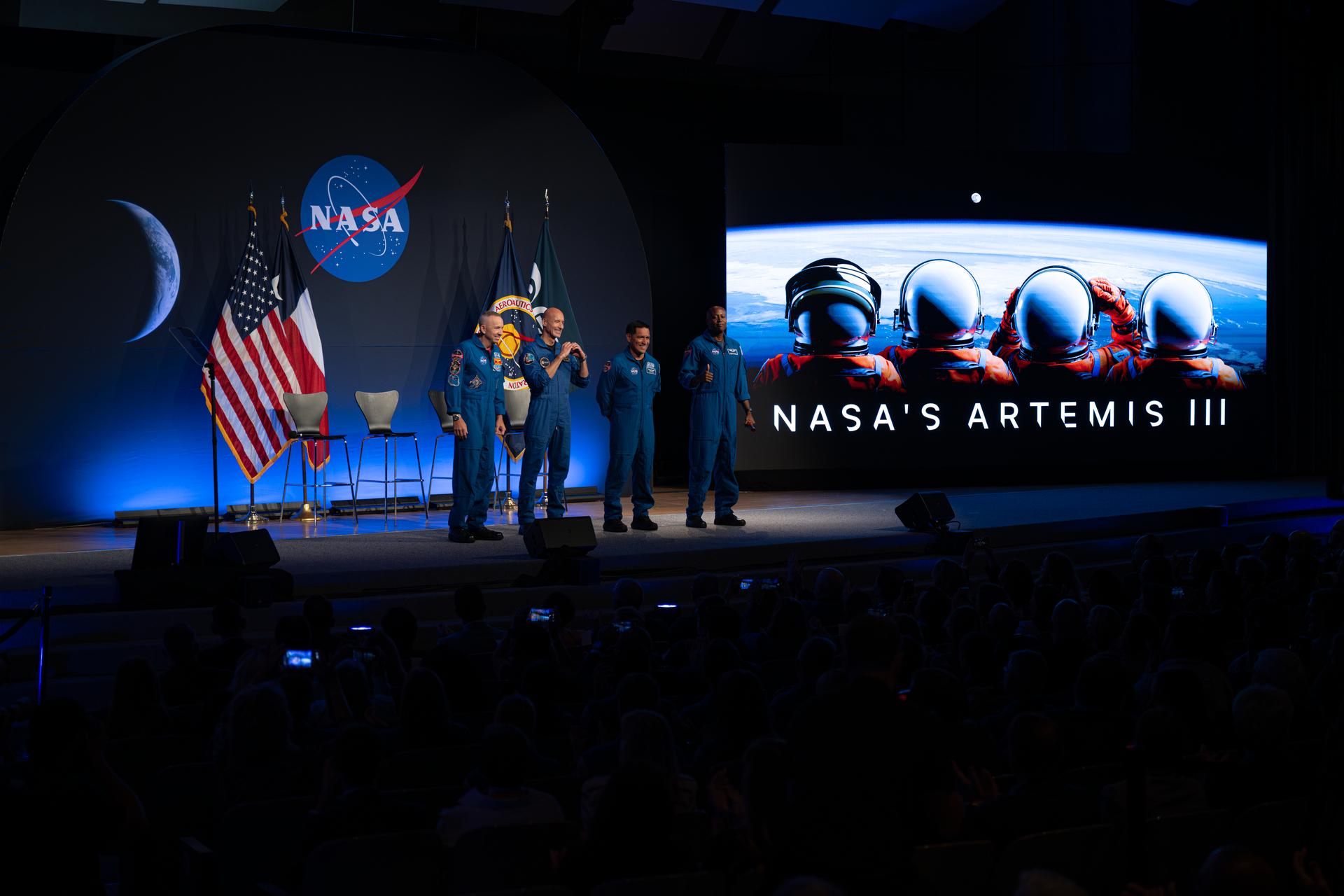Artemis III crew members NASA astronaut Randy Bresnik, commander; ESA (European Space Agency) astronaut Luca Parmitano, pilot; and NASA astronauts Frank Rubio, mission specialist, and Andre Douglas, mission specialist, are seen during the Artemis III crew announcement event, Tuesday, June 9, 2026, at NASA’s Johnson Space Center in Houston, Texas. Photo Credit: (NASA/John Kraus)