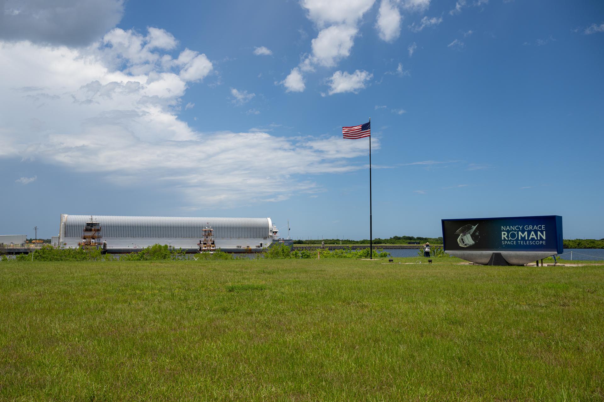 NASA’s Pegasus barge is seen, Sunday, June 21, at NASA’s Kennedy Space Center in Florida. The Pegasus barge delivered NASA’s Nancy Grace Roman Space Telescope and a weather cover for the Artemis III SLS (Space Launch System) rocket core stage to Kennedy. Photo Credit: (NASA/John Kraus)