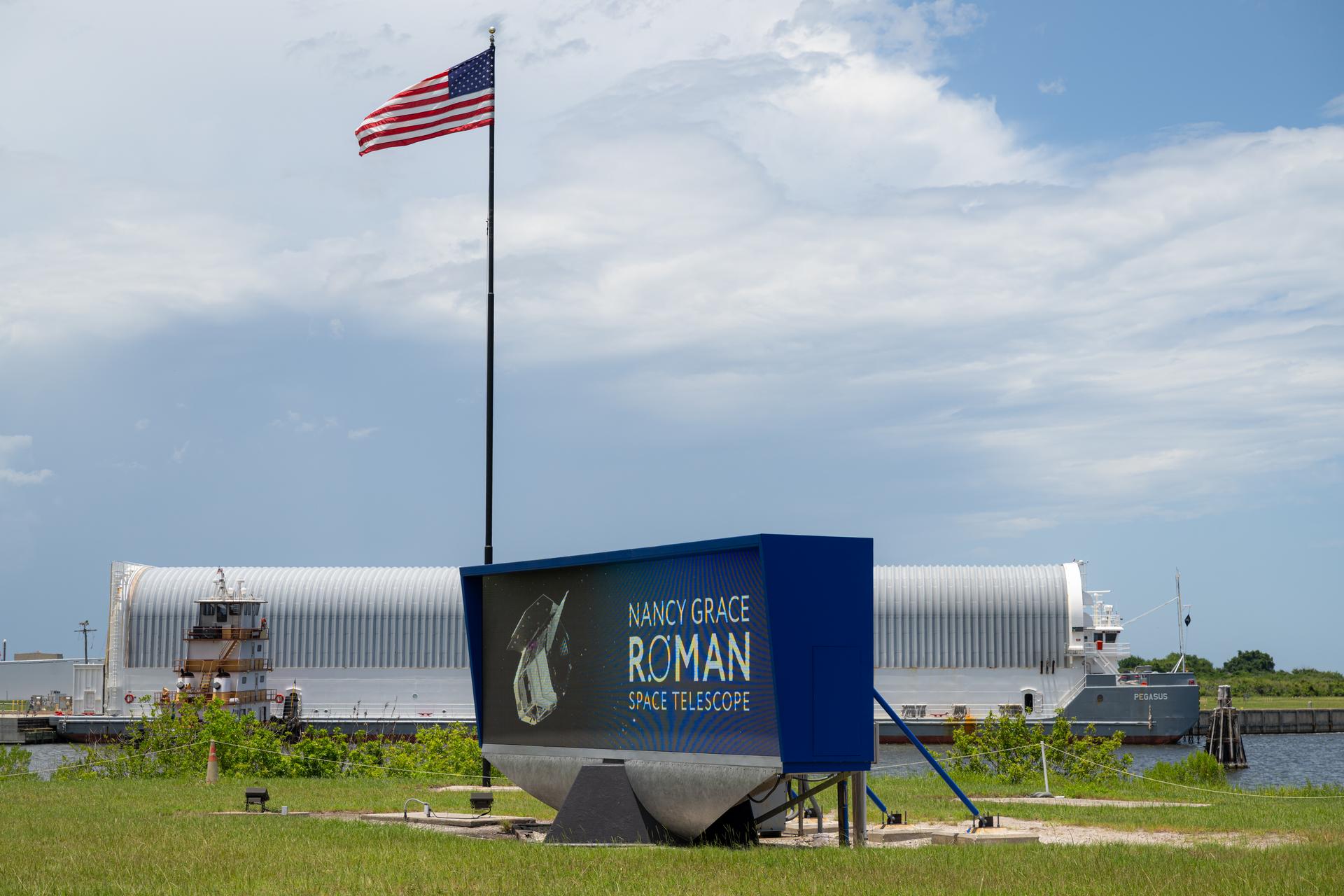 NASA’s Pegasus barge is seen, Sunday, June 21, at NASA’s Kennedy Space Center in Florida. The Pegasus barge delivered NASA’s Nancy Grace Roman Space Telescope and a weather cover for the Artemis III SLS (Space Launch System) rocket core stage to Kennedy. Photo Credit: (NASA/John Kraus)