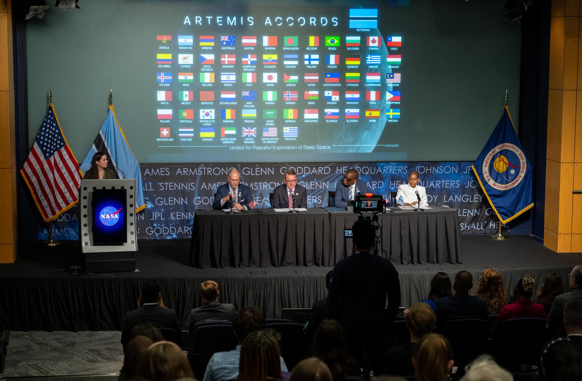 NASA Deputy Administrator Matt Anderson, center, delivers remarks during an Artemis Accords signing ceremony with the Republic of Botswana alongside Senior Advisor on Space for the Bureau of Oceans and International Environmental and Scientific Affairs Greg Autry, second from left, Minister of Communications and Innovation David Tshere, second from right, and Acting Ambassador of the Republic of Botswana to the United States Mabedi Ngwenya, right, Thursday, June 25, 2026, at the Mary W. Jackson NASA Headquarters building in Washington. The Republic of Botswana is the 68th country to sign the Artemis Accords, which establish a practical set of principles to guide space exploration cooperation among nations participating in NASA’s Artemis program. Photo Credit: (NASA/Keegan Barber)